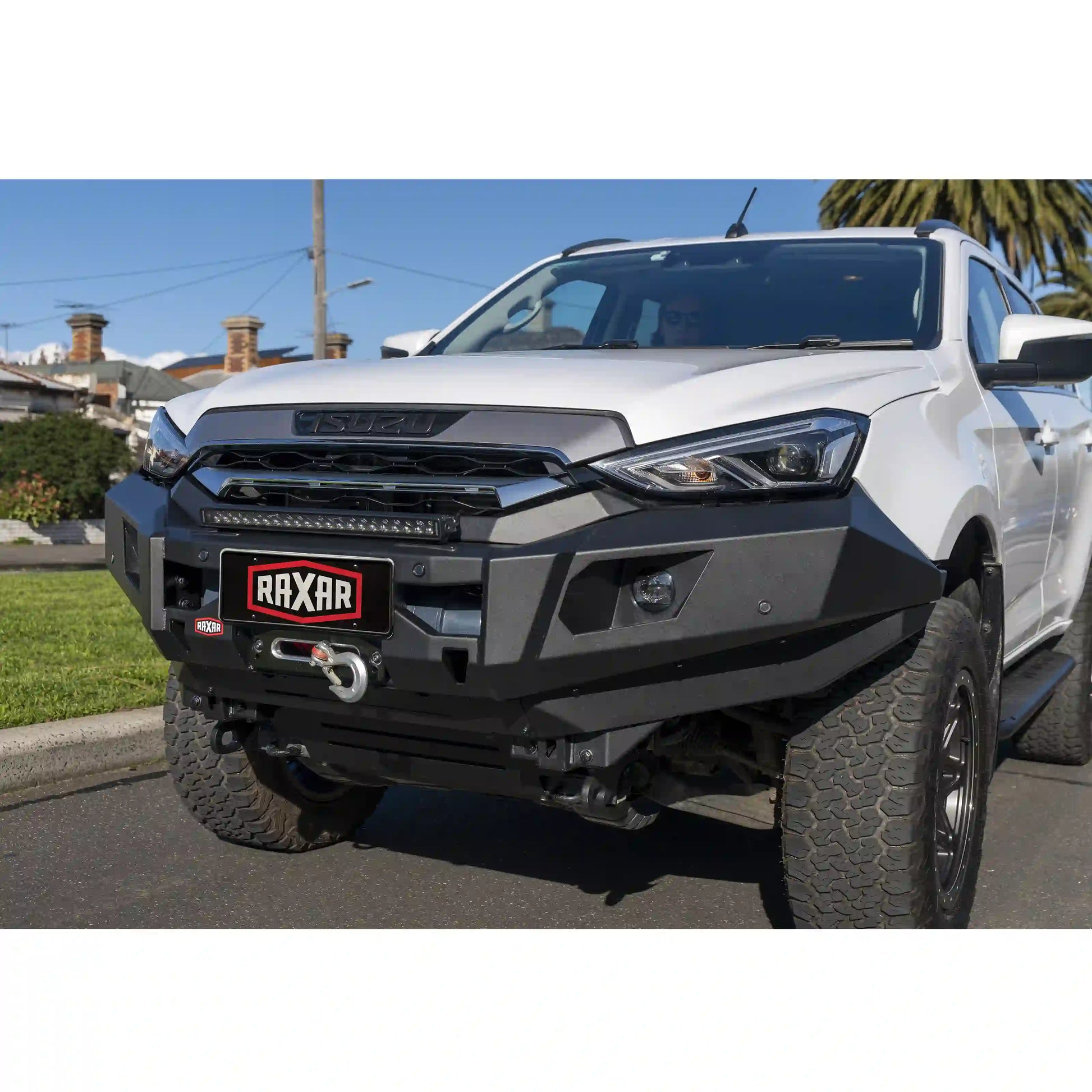 isuzu mux no loop raxar bull bar right side view featuring recovery points high lift jack compatibility and a rugged matte black finish this premium bull bar combines durability safety and modern styling making it perfect for australian 4wd enthusiasts and adventurers supplied by elevated 4x4