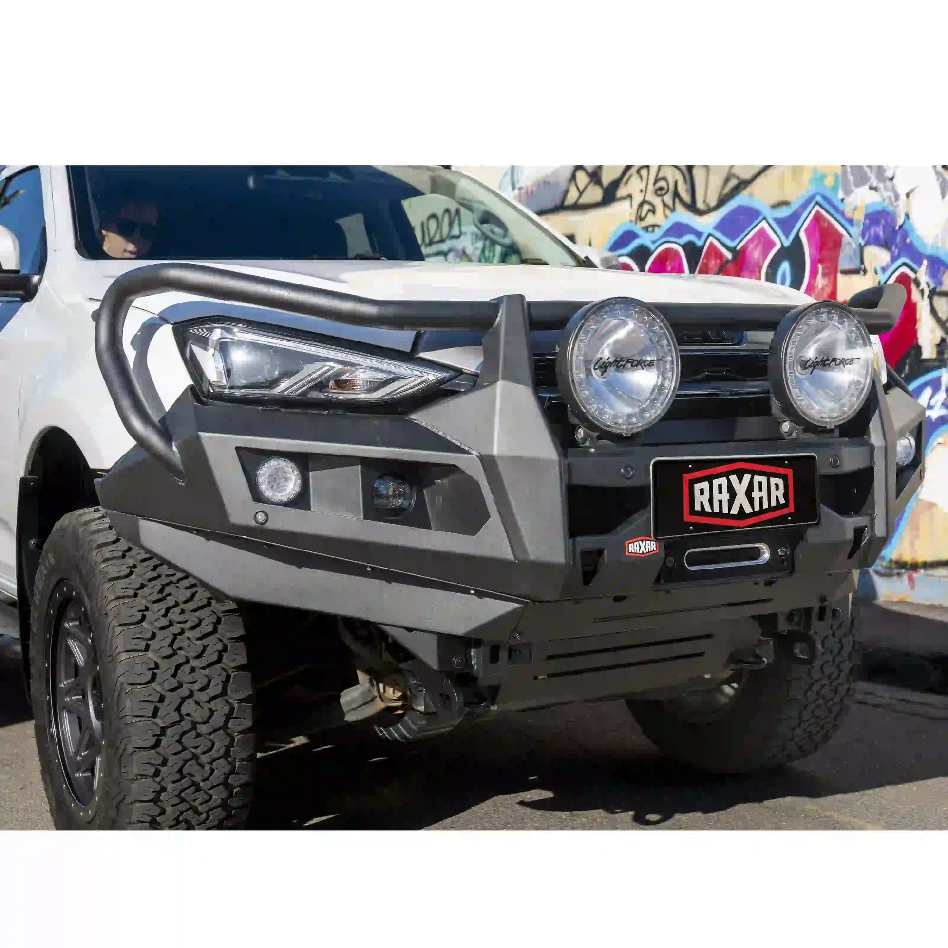 isuzu mux raxar bull bar left side view highlighting antenna mounts driving light provisions strong wing bracing and durable powder coated finish engineered for serious 4wd use this bull bar combines strength airflow and function for australian adventures touring and daily driving supplied by elevated 4x4