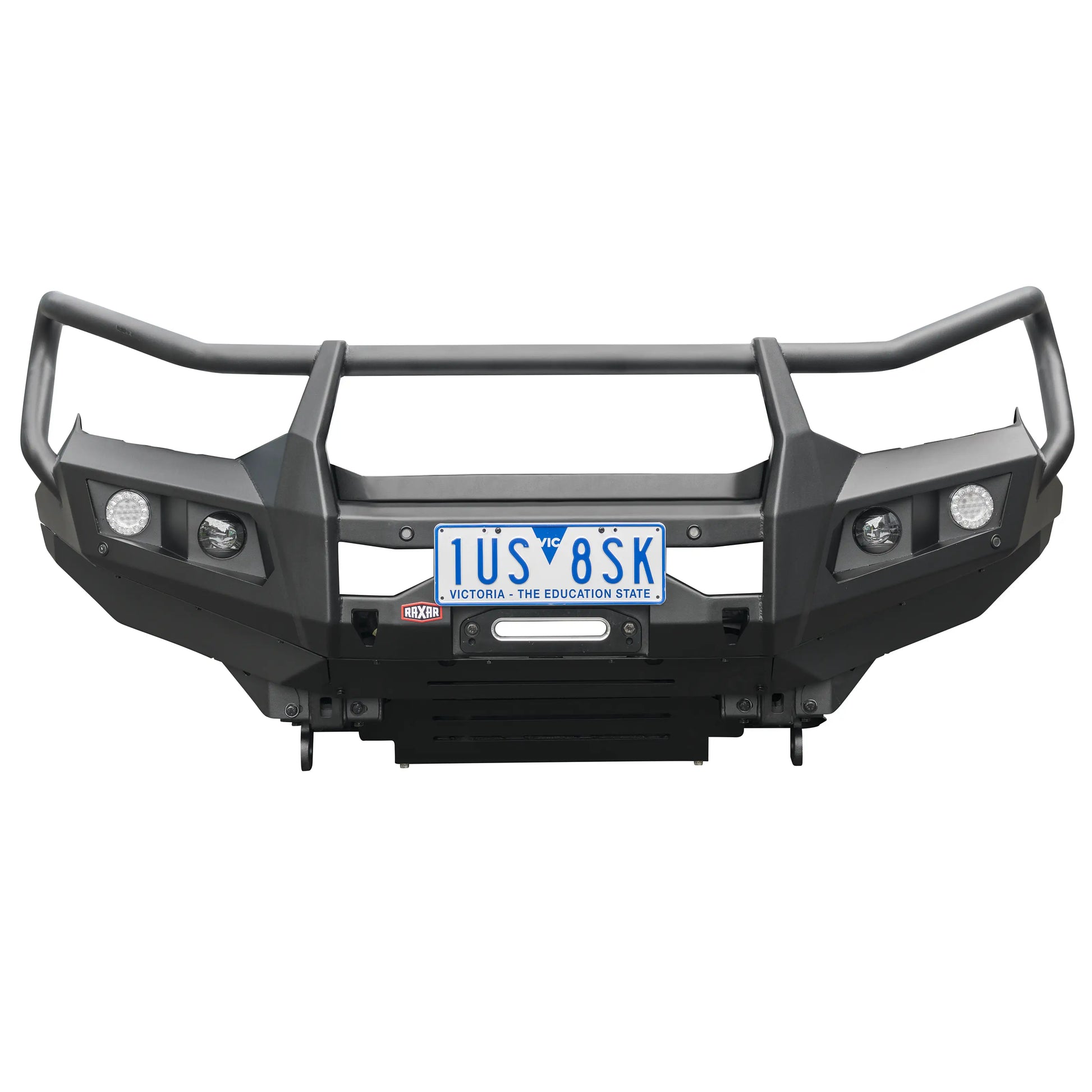 isuzu mux raxar bull bar product front view featuring bumper replacement design airflow split pan fog light compatibility and winch ready durability finished in e coated matte black this tough 4wd upgrade provides reliable protection and premium style for australian offroad conditions available from elevated 4x4