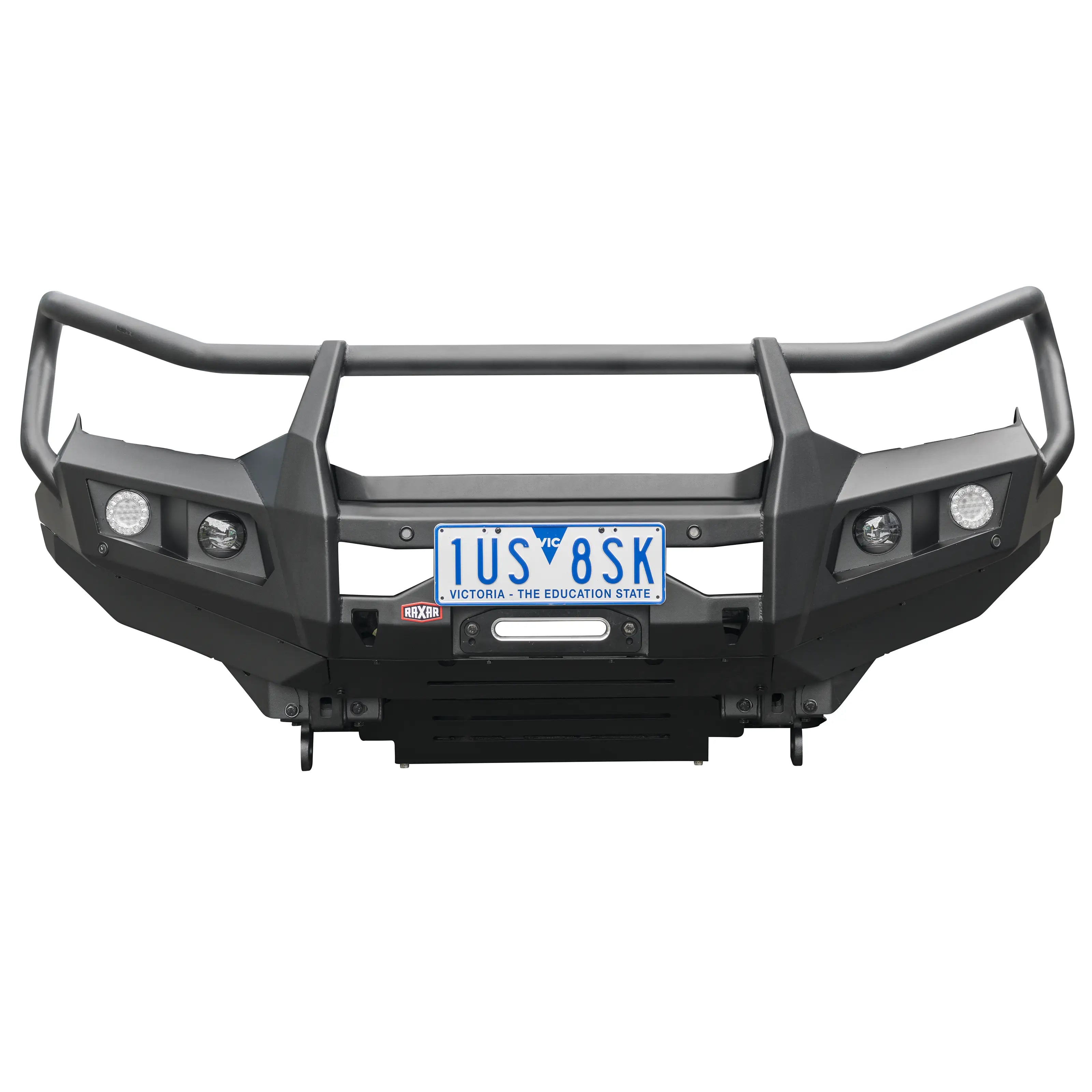 isuzu mux raxar bull bar product front view featuring bumper replacement design airflow split pan fog light compatibility and winch ready durability finished in e coated matte black this tough 4wd upgrade provides reliable protection and premium style for australian offroad conditions available from elevated 4x4