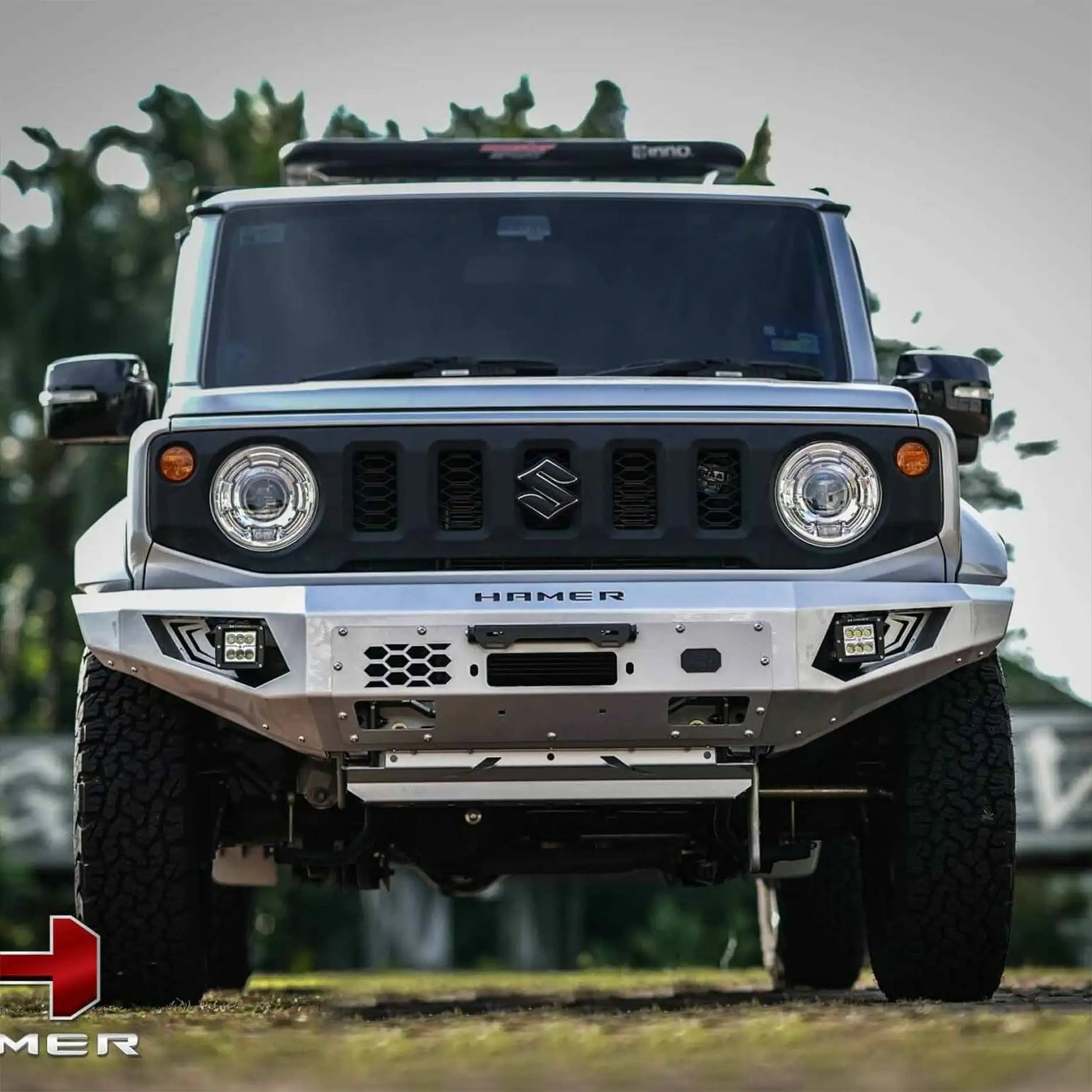 Close front shot of Suzuki Jimny XL 2023 Hamer King Bull Bar, showcasing winch ready steel build with matte black finish.