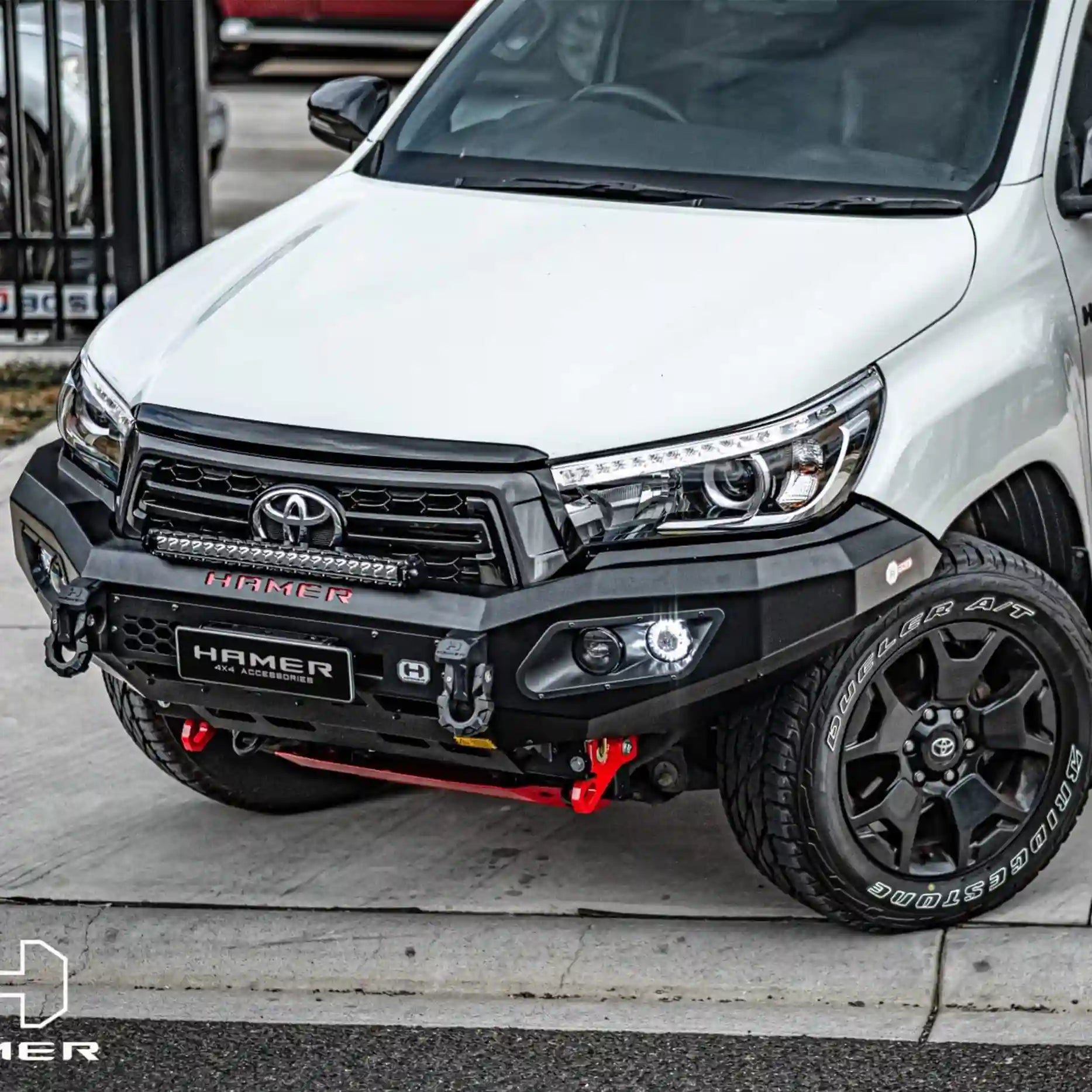 Right side view of Toyota Hilux (2018–2020) with Hamer King Bull Bar, strong 3mm steel build for safety and durability.