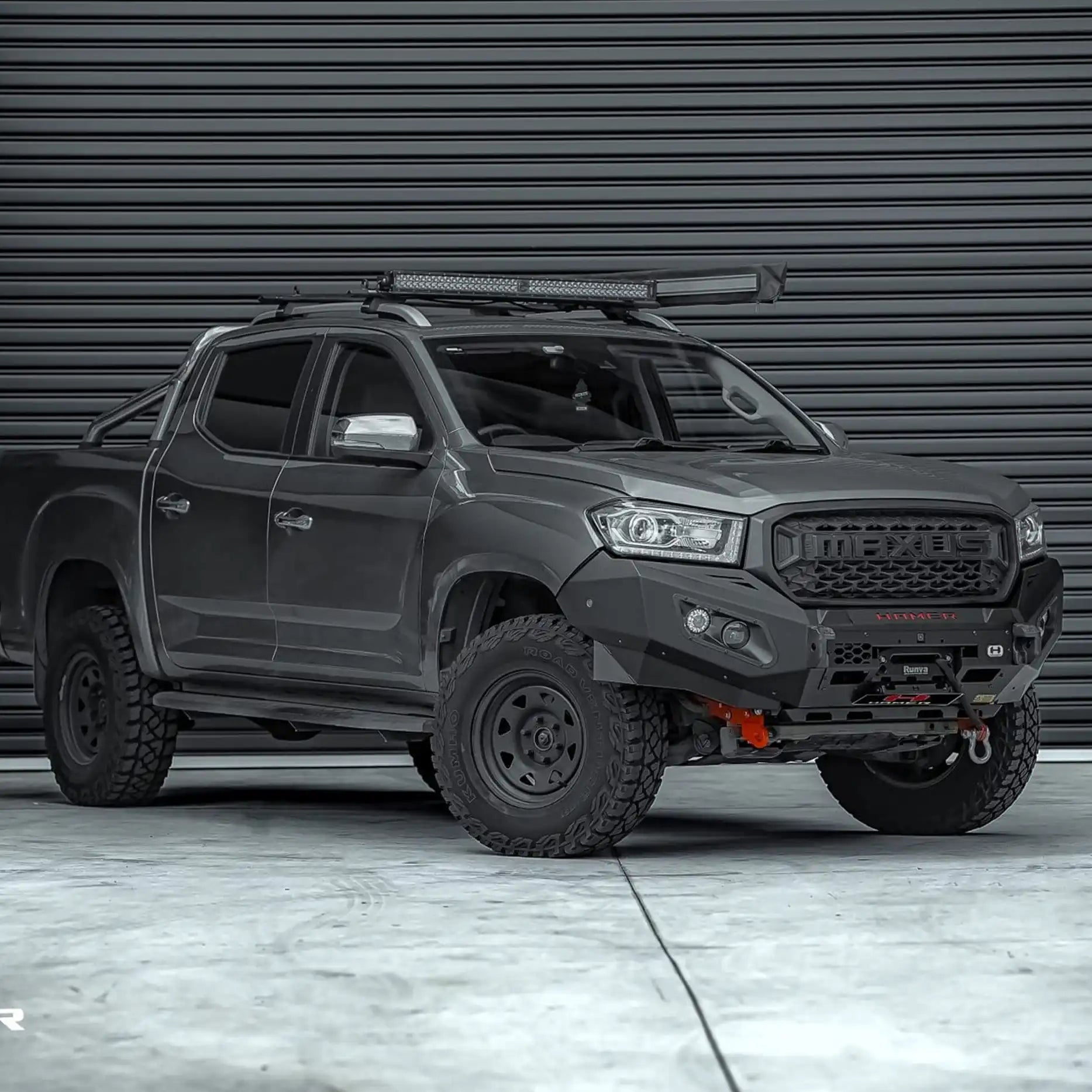 Left side view of LDV T60 with Hamer King Series Bull Bar, highlighting high-grade steel construction, LED fog lamps, and full bumper replacement design.
