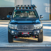 Front view of Toyota Landcruiser 200 (2008–2015) with Hamer King Bull Bar, matte black finish, ADR compliant with integrated LED lights.