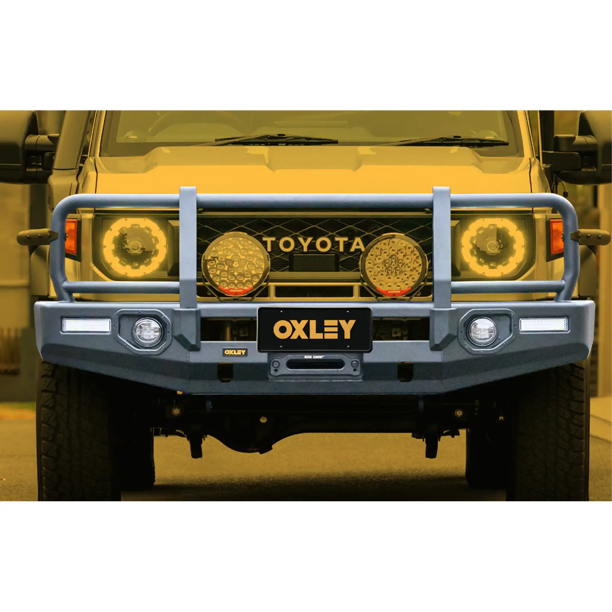 front installed oxley bull bar fitted to toyota landcruiser 79 series dual cab 2024 adr compliant matte black finish elevated 4x4 tough 4wd gear