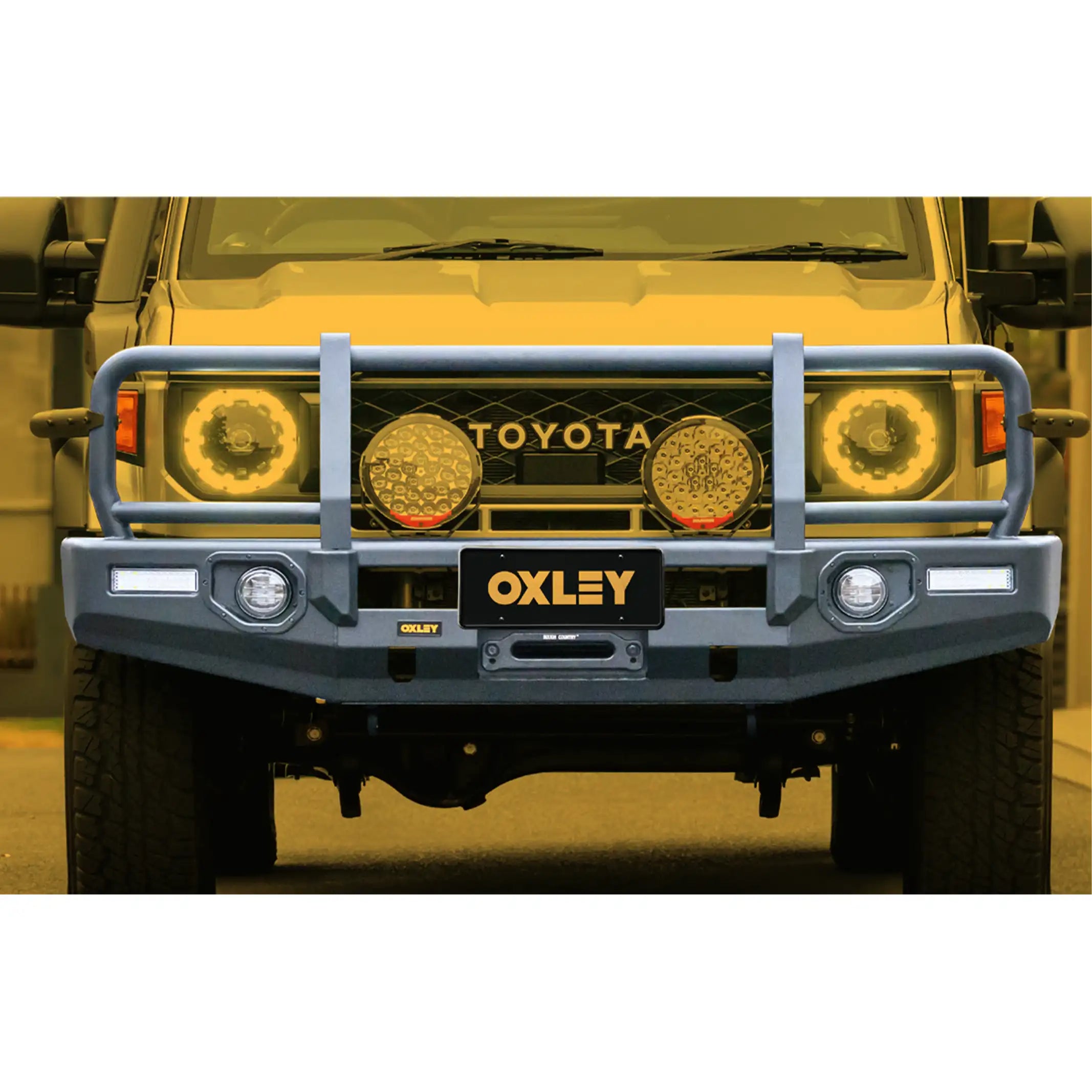 front installed oxley bull bar fitted to toyota landcruiser 79 series dual cab 2024 adr compliant matte black finish elevated 4x4 tough 4wd gear
