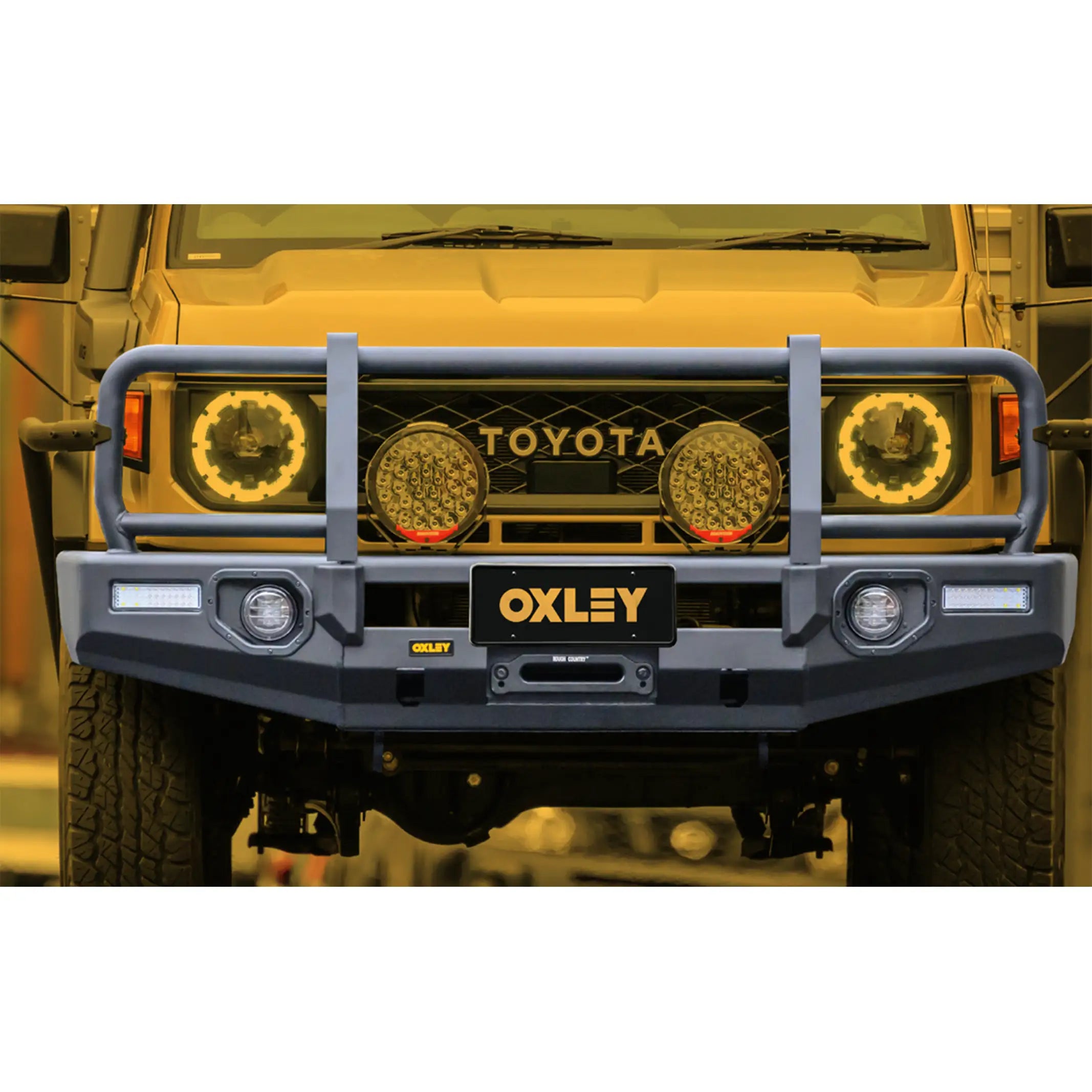 front installed oxley bull bar on toyota landcruiser 79 series single cab 2024 matte black adr compliant elevated 4x4