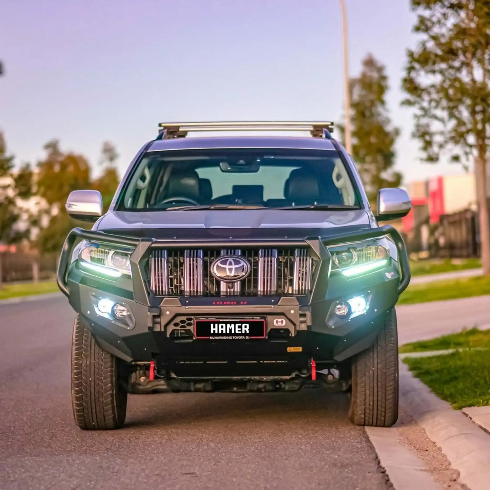 Bold front angle of Toyota Landcruiser Prado 150 Series (2018–Present) with Hamer King Plus Bull Bar, highlighting sleek design and off-road readiness.