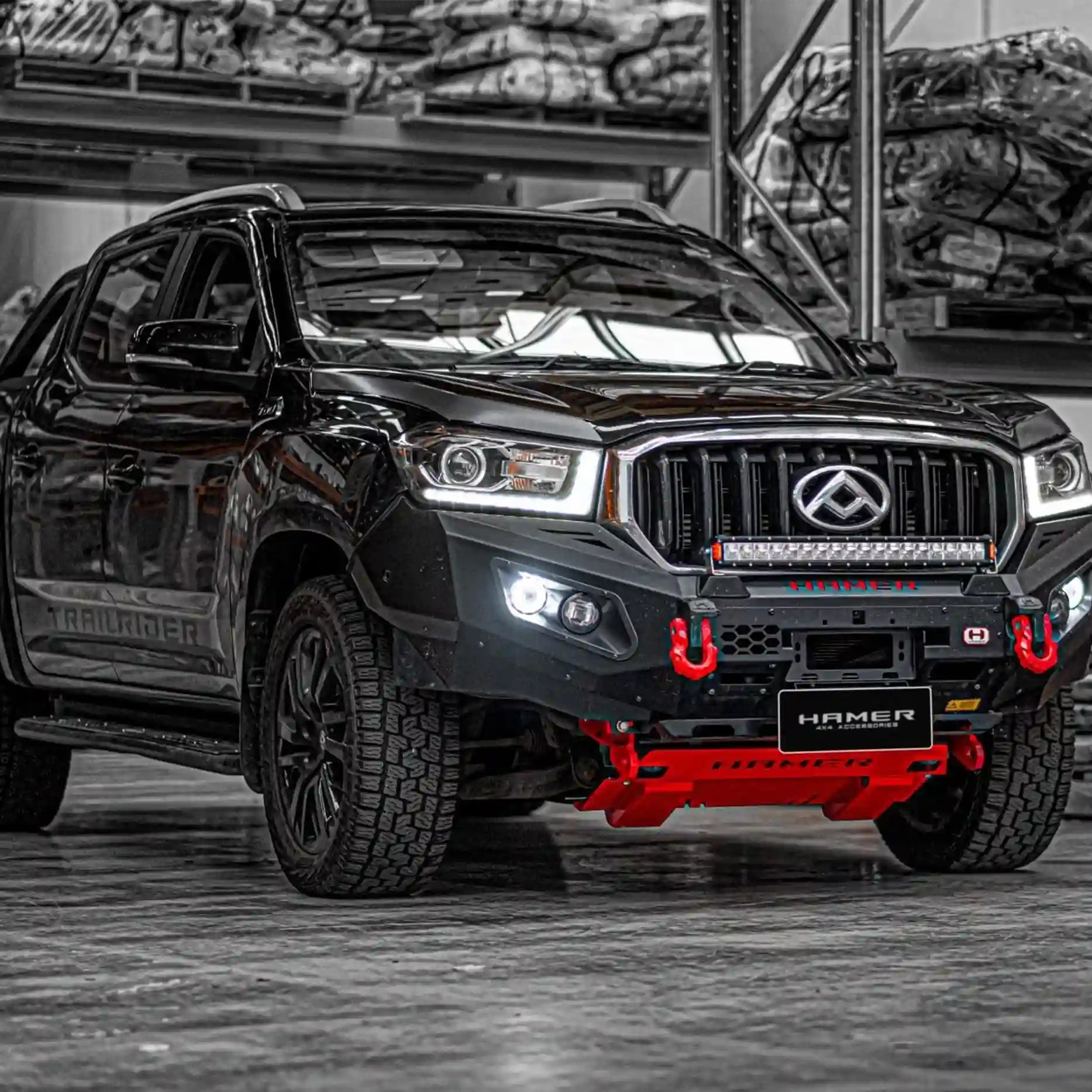 Close-up left angle of Hamer 4x4 King Series Bull Bar on LDV T60 (2017–2021), focusing on parking sensor compatibility and powder-coated finish.