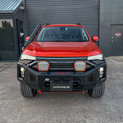 Front view of LDV T60 Max with Hamer 4x4 King Series Bull Bar (2022–Present), ADR compliant 3 mm steel, LED lights, recovery points, and matte black finish.