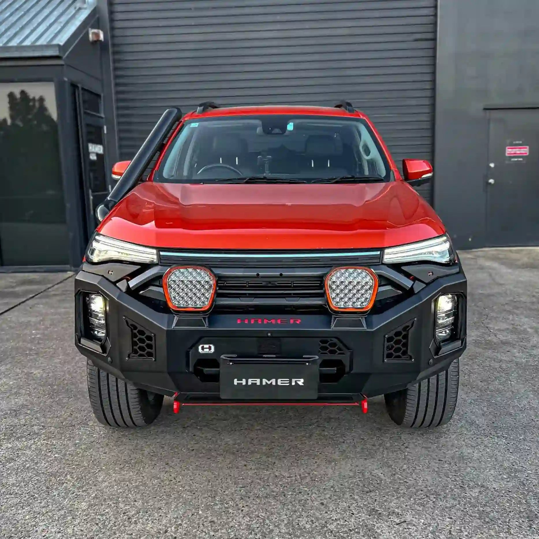 Front view of LDV T60 Max with Hamer 4x4 King Series Bull Bar (2022–Present), ADR compliant 3 mm steel, LED lights, recovery points, and matte black finish.