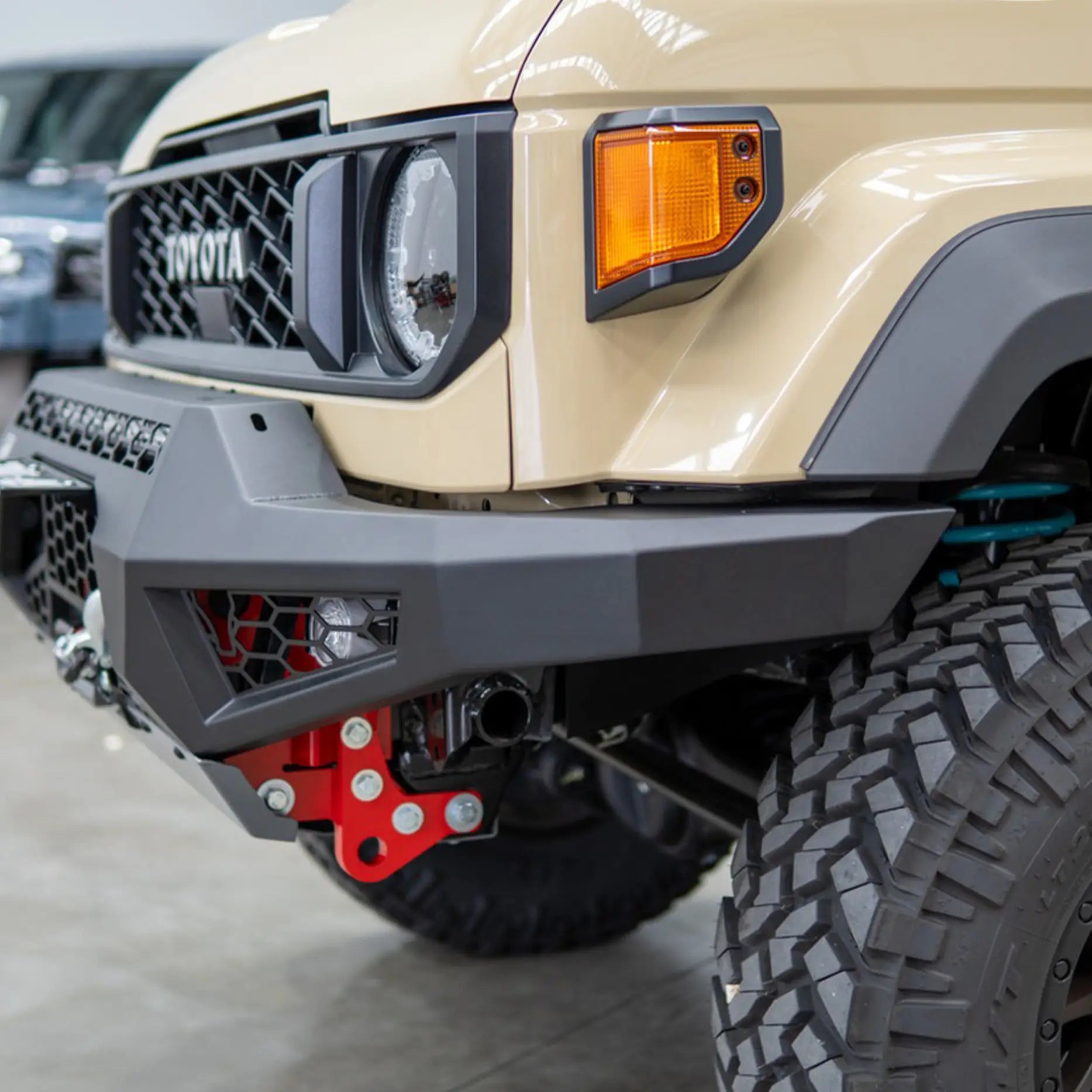 Close-up left detail of the Offroad Animal Predator Bull Bar fitted to a 2024 Toyota Land Cruiser 79 Series, revealing seamless welds, airflow vents, and integrated lighting mounts. Elevated 4x4’s expert installation ensures maximum performance and style across Newcastle and surrounding off-road destinations.