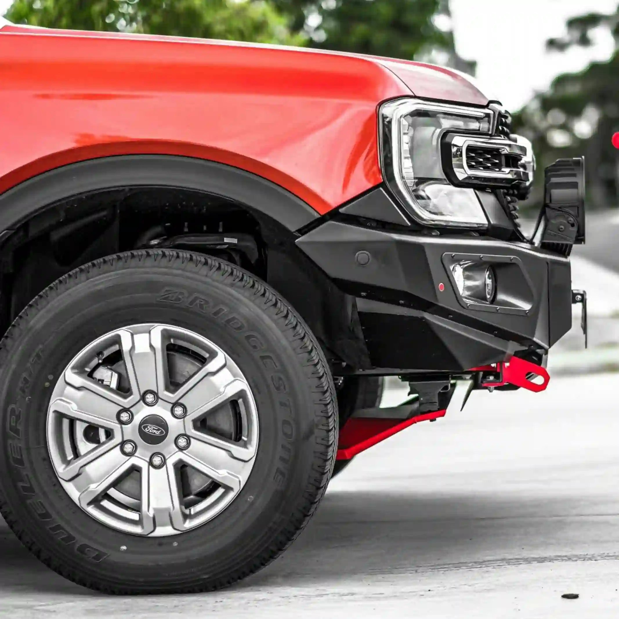 Left installed view of Hamer 4x4 King Series Bull Bar on Ford Ranger (2022–Present), featuring mounting points, ADR compliance, and integrated off-road styling.
