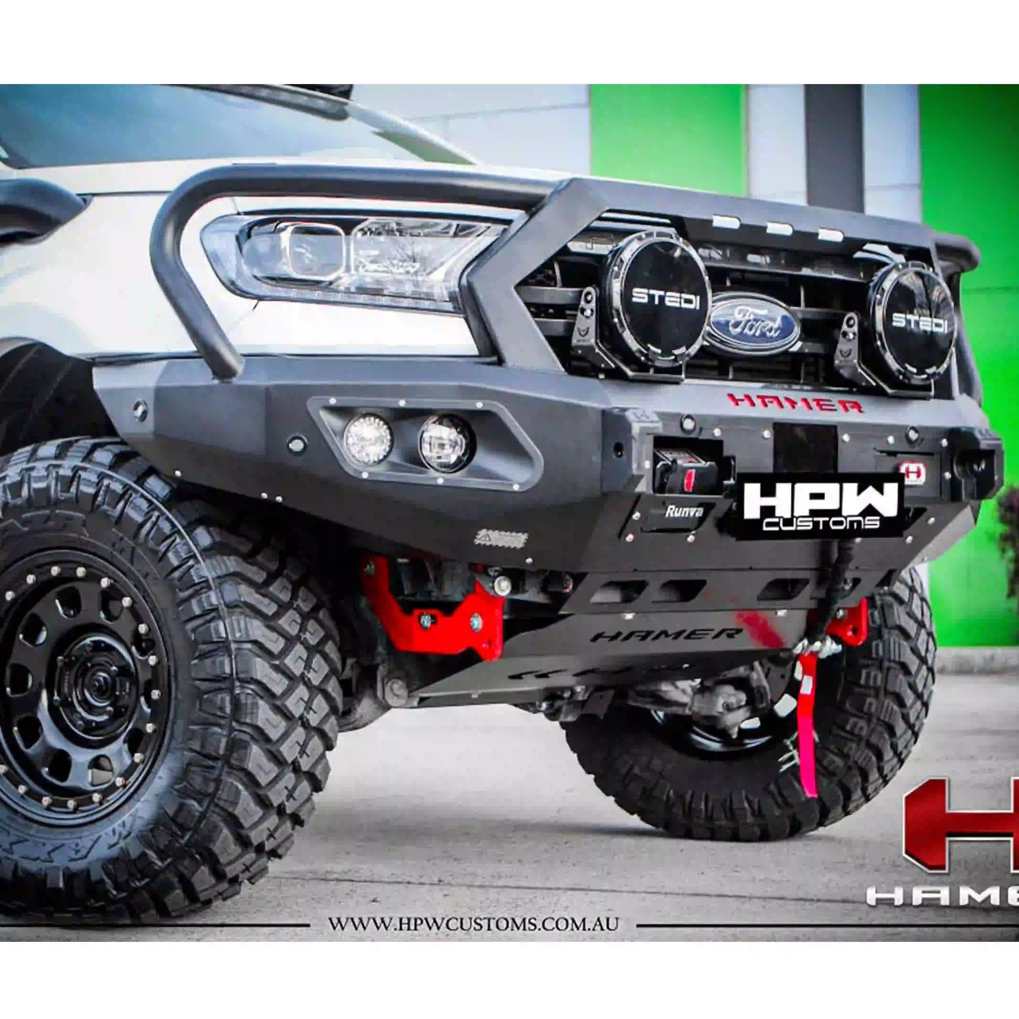 Left installed view of Hamer 4x4 King Series Plus Bull Bar on Ford Ranger PX2 PX3 (2015–2022), showing sleek design, LED lighting, and mounting points.