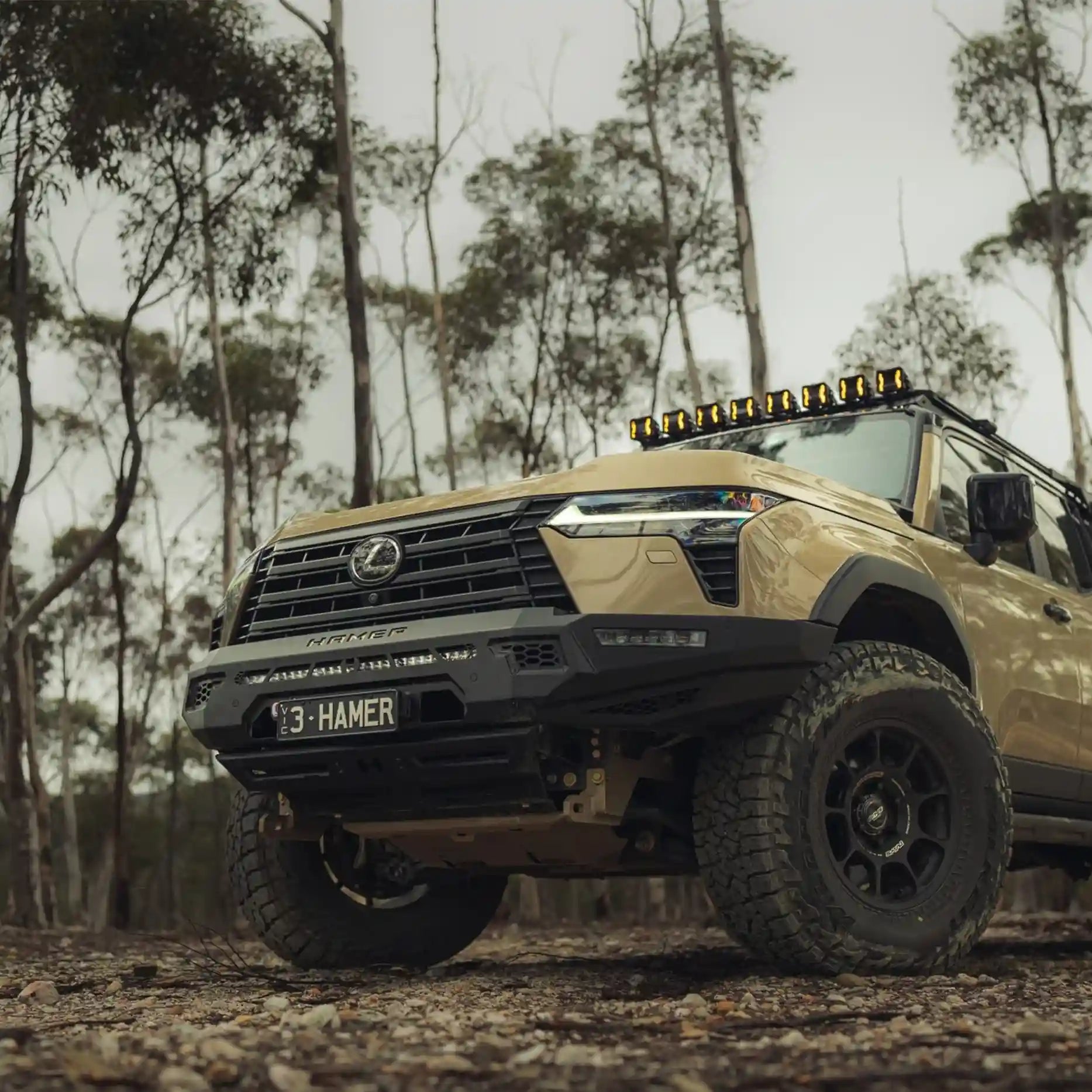 Wide view of Lexus GX550 fitted with Hamer Sierra Bull Bar (2024–Present), enhancing front protection and style for off-road and city driving.