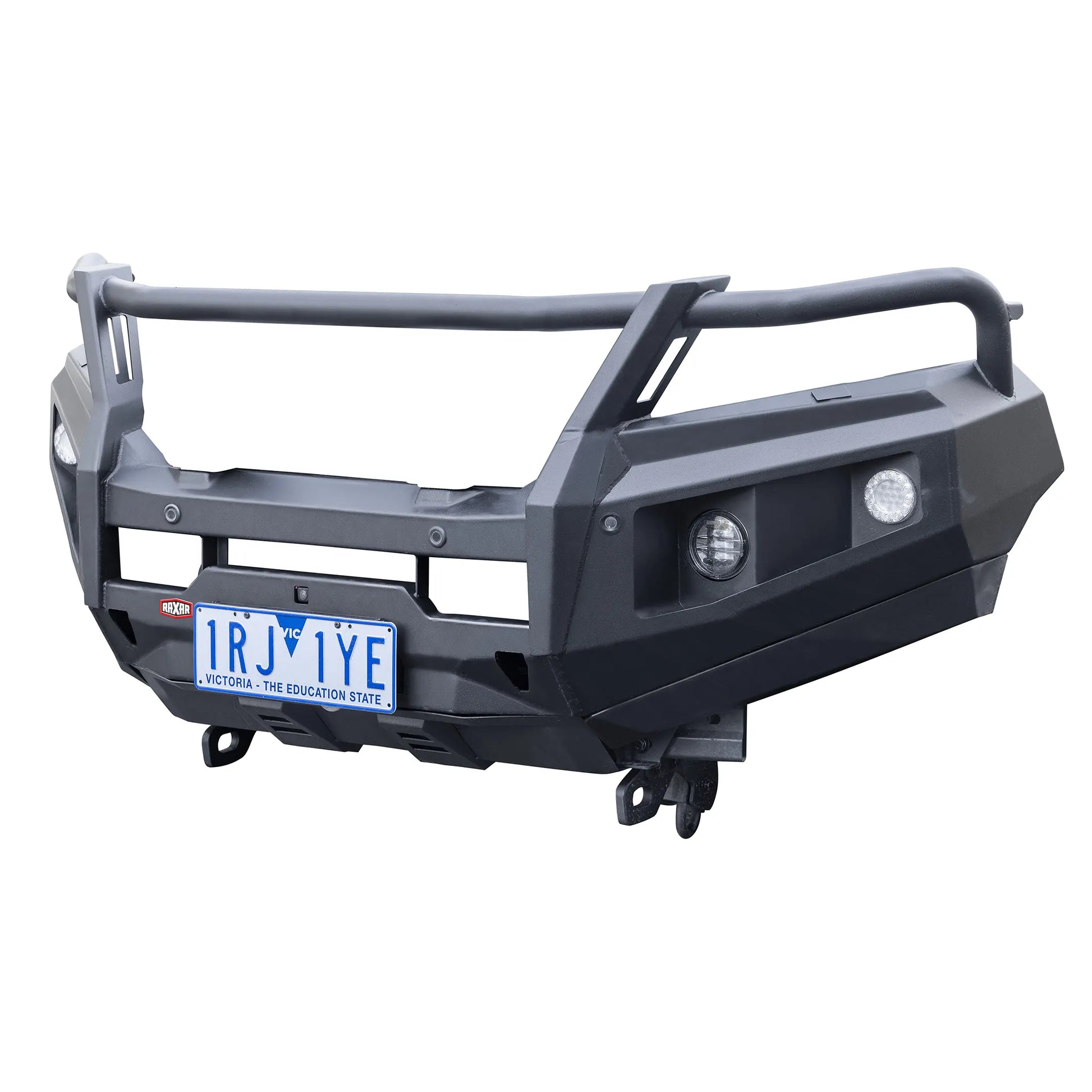 right angle product view of raxar loop bull bar built for mitsubishi pajero sport highlighting recovery points driving light mounts and durable matte black powder coated finish designed for australian conditions and distributed by elevated 4x4