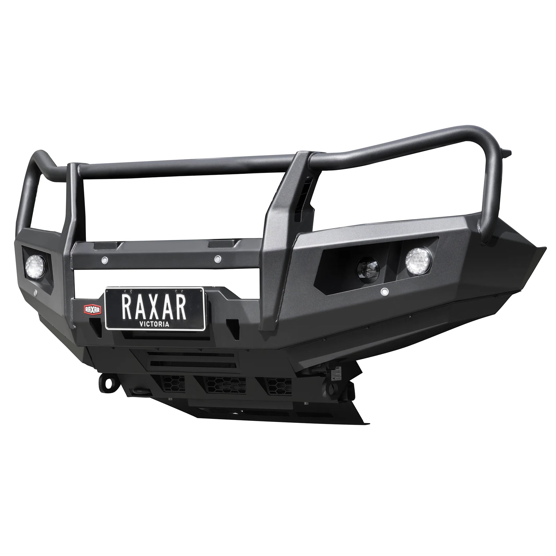 Right angle product view of RAXAR OF looped bull bar for Mitsubishi Pajero Sport QF, showing driving light mounts, 4-tonne recovery points, and compatibility with tech pack safety features. A premium off-road accessory from Elevated 4x4.