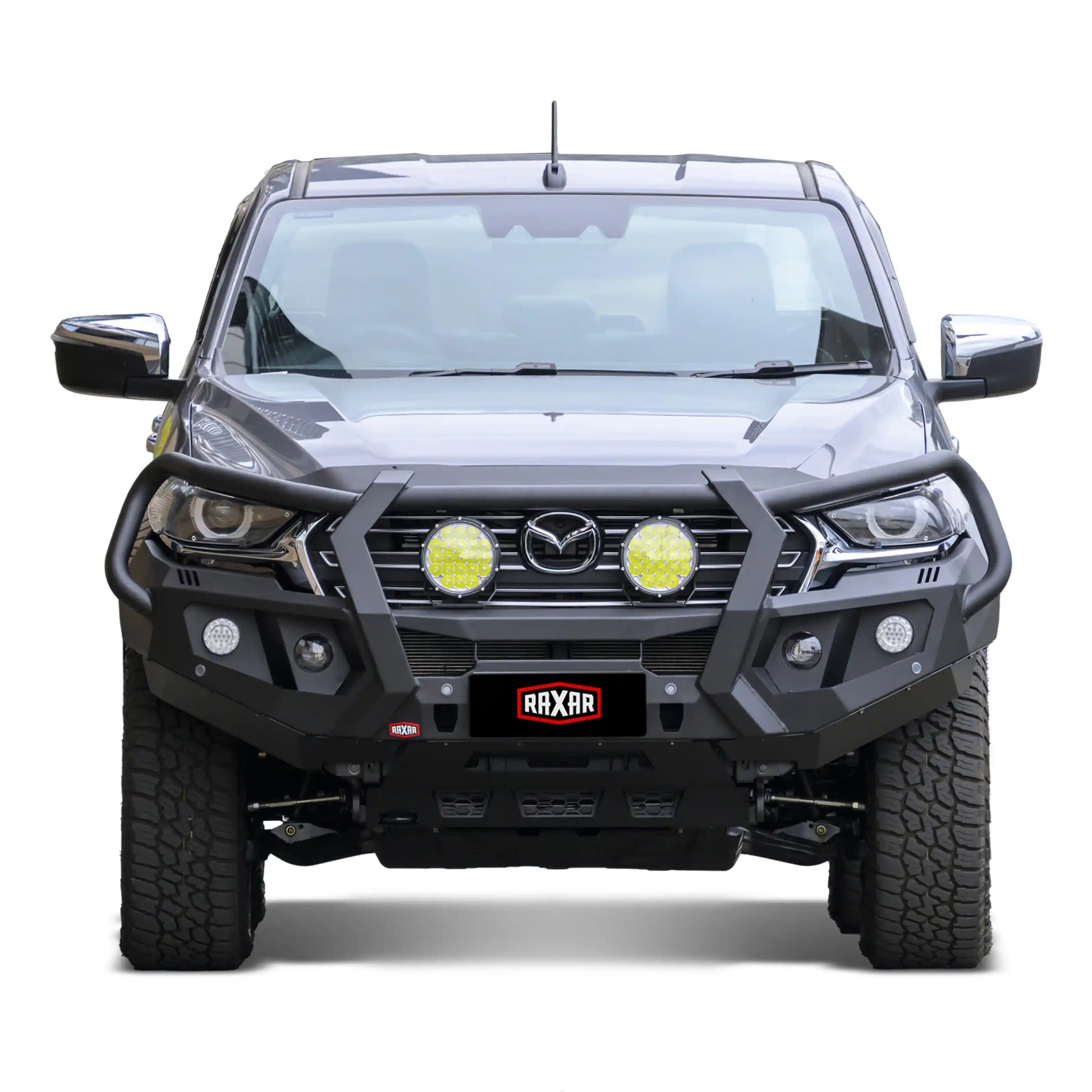 mazda bt50 looped raxar bull bar installed on vehicle featuring adr compliance winch compatibility recovery points fog lights and a durable matte black finish engineered for maximum strength safety and airflow this premium 4wd accessory is built for australian touring worksite and offroad adventures available nationwide from elevated 4x4