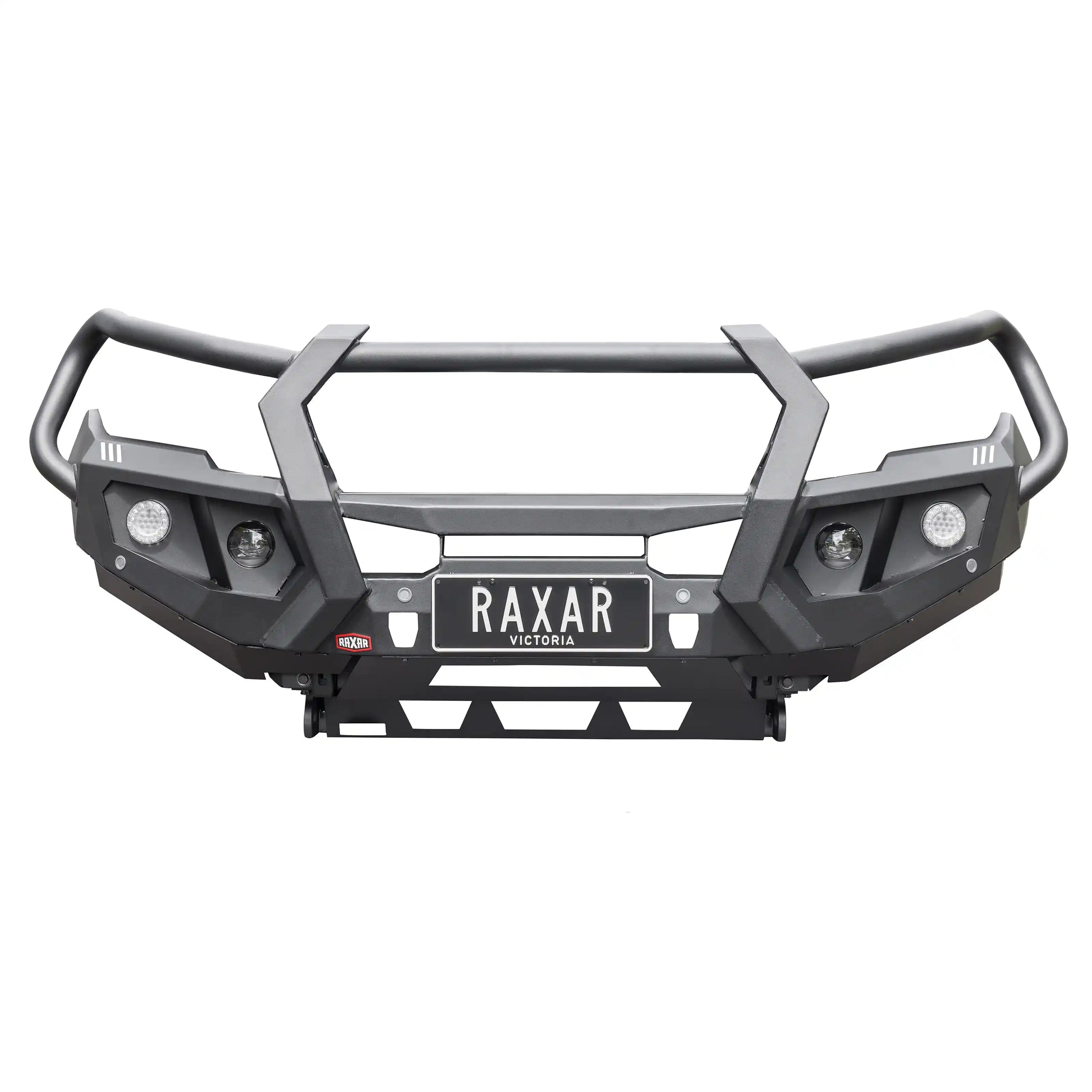 mazda bt50 looped raxar bull bar product front view showcasing bumper replacement design recovery points bash plates and winch ready construction this heavy duty bull bar combines premium styling with safety and offroad functionality making it a top choice for australian 4wd owners available from elevated 4x4