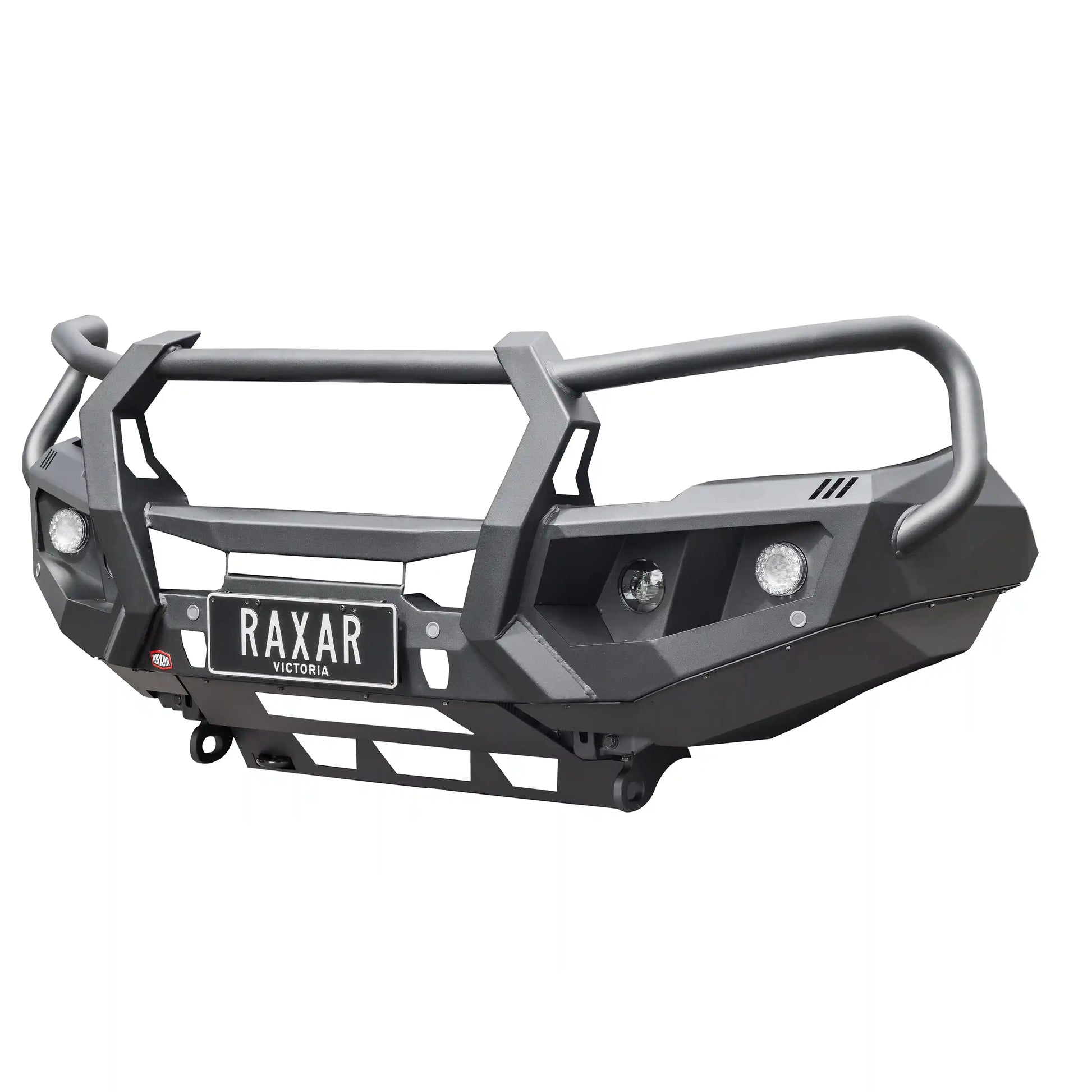 mazda bt50 looped raxar bull bar product right side view featuring antenna mounts fog light compatibility and strong inner wing bracing engineered for durability safety and offroad readiness this stylish matte black bull bar enhances both performance and appearance for australian 4wd enthusiasts available from elevated 4x4
