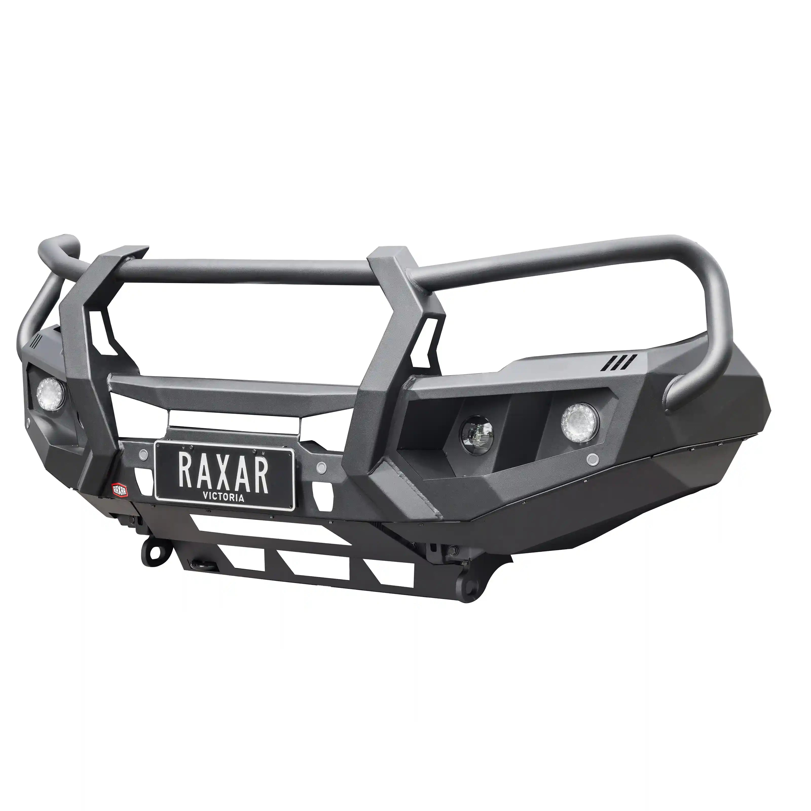 mazda bt50 looped raxar bull bar product right side view featuring antenna mounts fog light compatibility and strong inner wing bracing engineered for durability safety and offroad readiness this stylish matte black bull bar enhances both performance and appearance for australian 4wd enthusiasts available from elevated 4x4