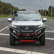 Front angle of Mitsubishi Pajero Sport QG (2024–Present) fitted with Hamer King Bull Bar, a 3mm steel ADR-compliant bumper with LED lighting.