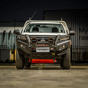 Front view of Mitsubishi Triton MR 2018 with Hamer King Plus Bull Bar, ADR compliant steel design with LED lights and winch setup.