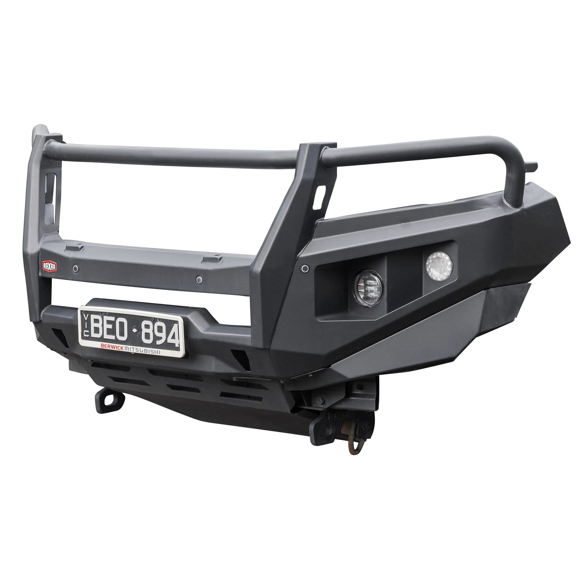 Right side product view of the RAXAR looped bull bar for Mitsubishi Triton MR, showing its functional design with underbody bash plates and compatibility with factory parking sensors. Available nationwide at Elevated 4x4.