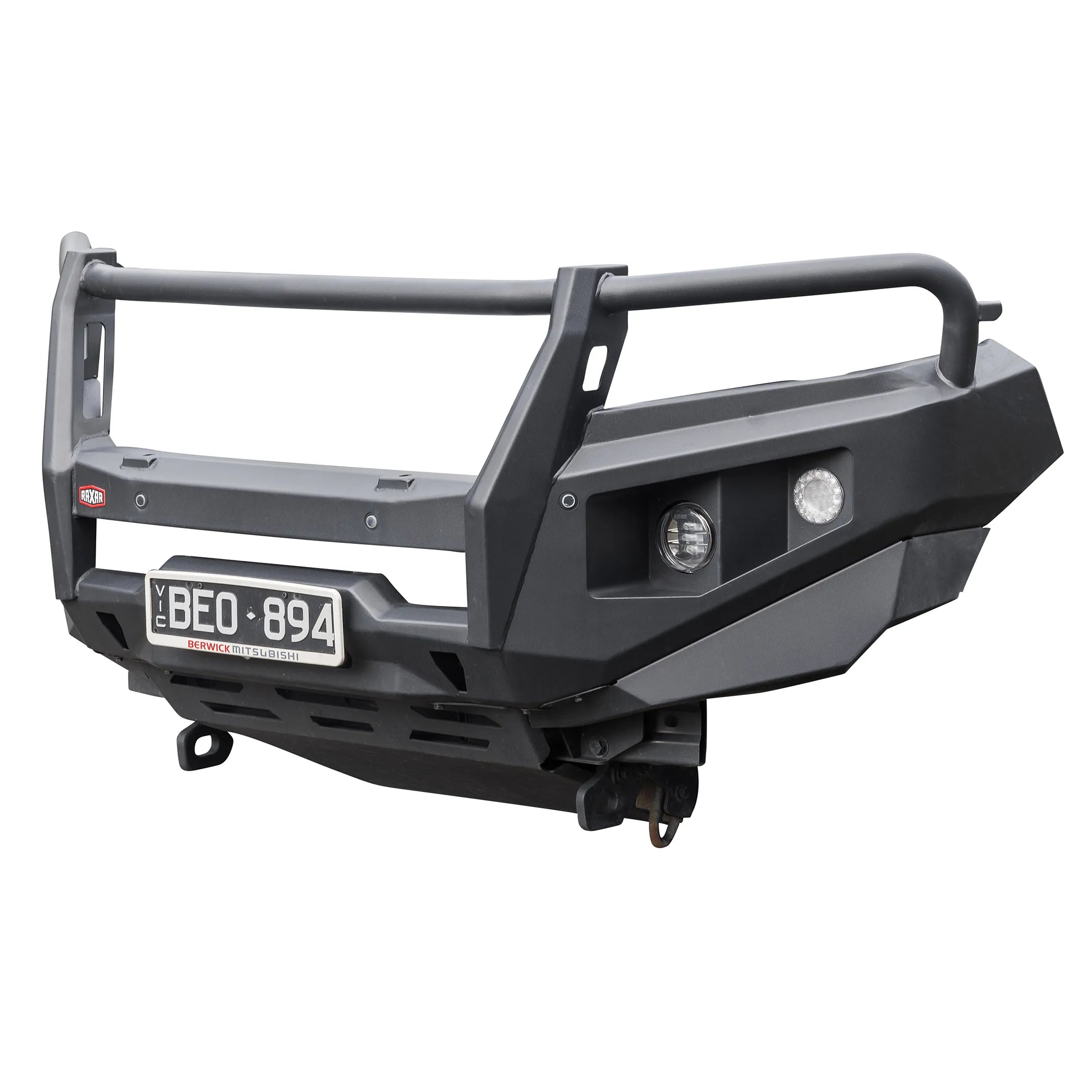 Right side product view of the RAXAR looped bull bar for Mitsubishi Triton MR, showing its functional design with underbody bash plates and compatibility with factory parking sensors. Available nationwide at Elevated 4x4.