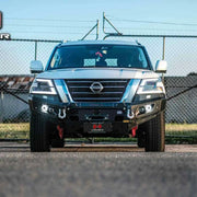 Front view of Nissan Patrol Y62 fitted with Hamer King Series Bull Bar, 3mm steel, ADR compliant, and rugged matte black style.