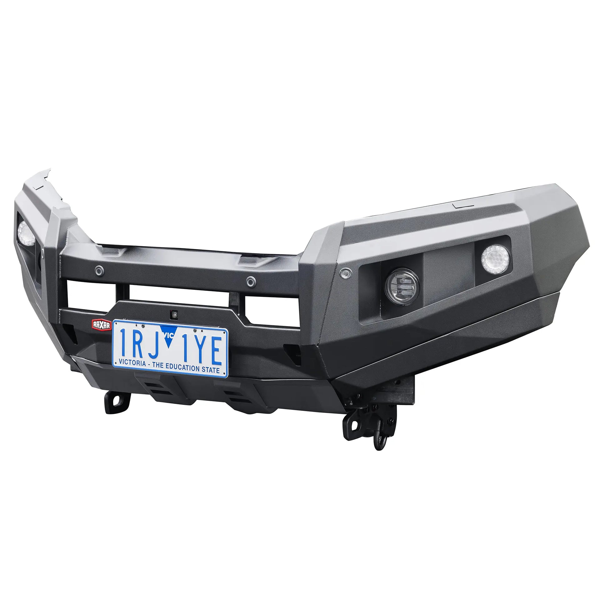 right angle product view of raxar no loop bull bar for mitsubishi pajero sport highlighting durable matte black e coat finish driving light mounts and tough construction perfect for australian offroad conditions available from elevated 4x4