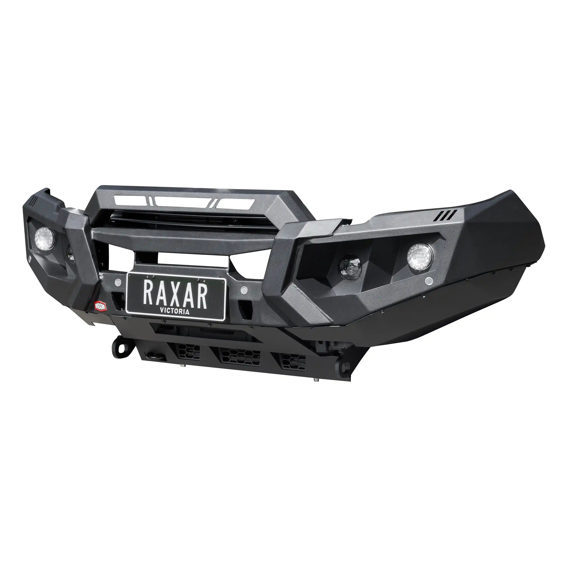 mazda bt50 no looped raxar bull bar product right side view highlighting inner wing bracing fog light compatibility and strong matte black finish designed to withstand harsh australian terrain this bull bar delivers superior safety style and functionality for 4wd enthusiasts and adventurers supplied by elevated 4x4