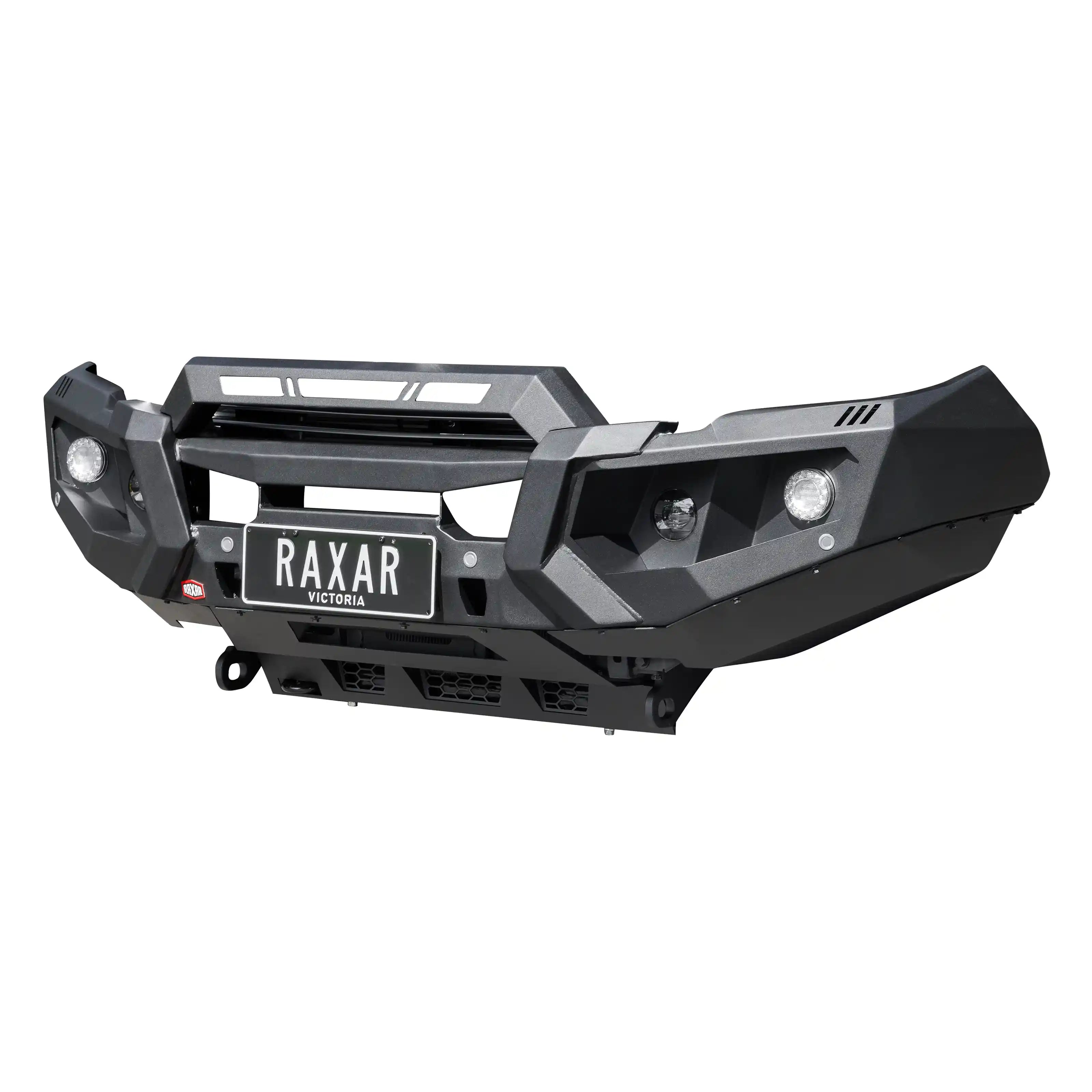 mazda bt50 no looped raxar bull bar product right side view highlighting inner wing bracing fog light compatibility and strong matte black finish designed to withstand harsh australian terrain this bull bar delivers superior safety style and functionality for 4wd enthusiasts and adventurers supplied by elevated 4x4
