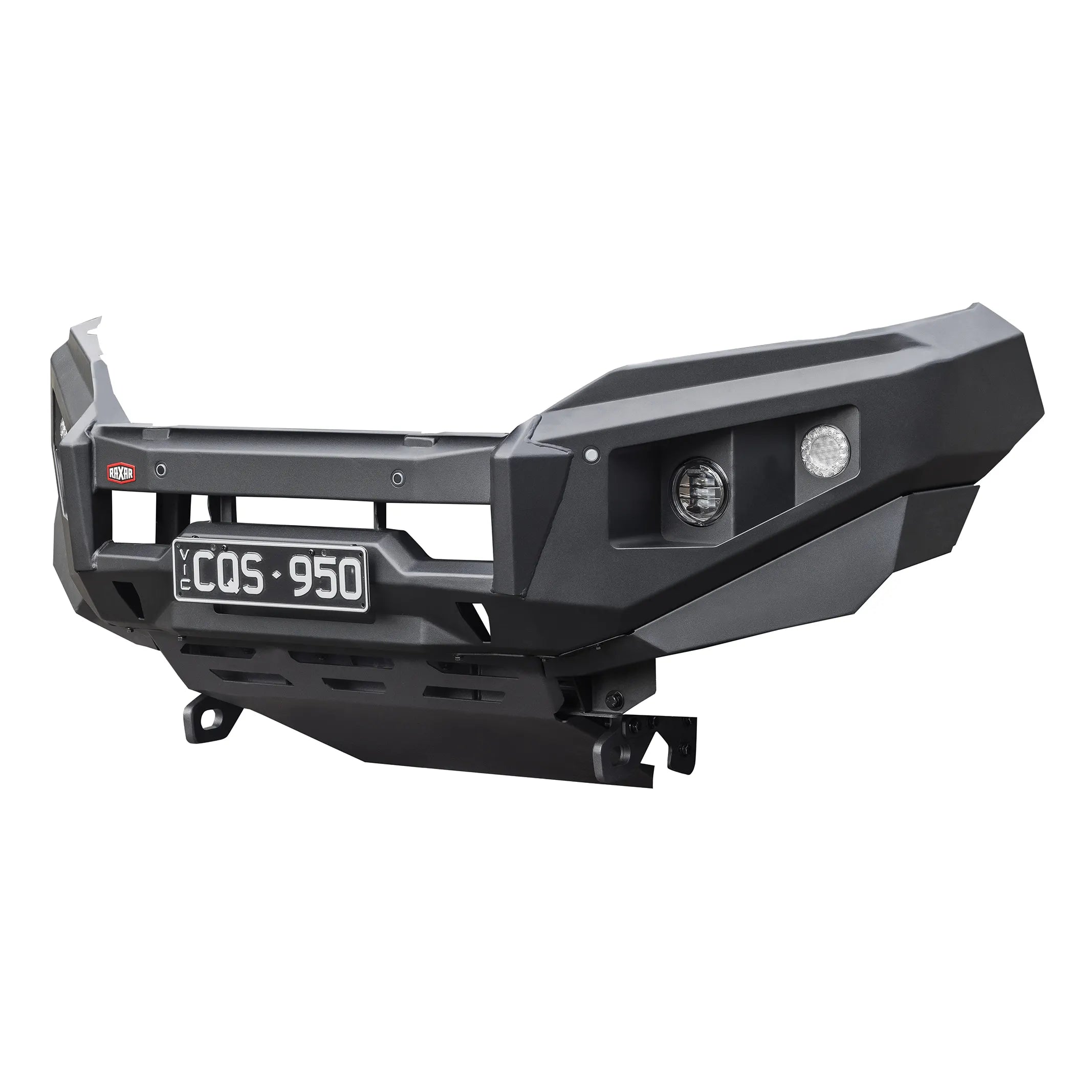 right product view of raxar no loop bull bar designed for mitsubishi triton mr highlighting slim contour compatibility with tech pack safety features and robust bash plate integration providing premium offroad protection with modern styling available nationwide from elevated 4x4