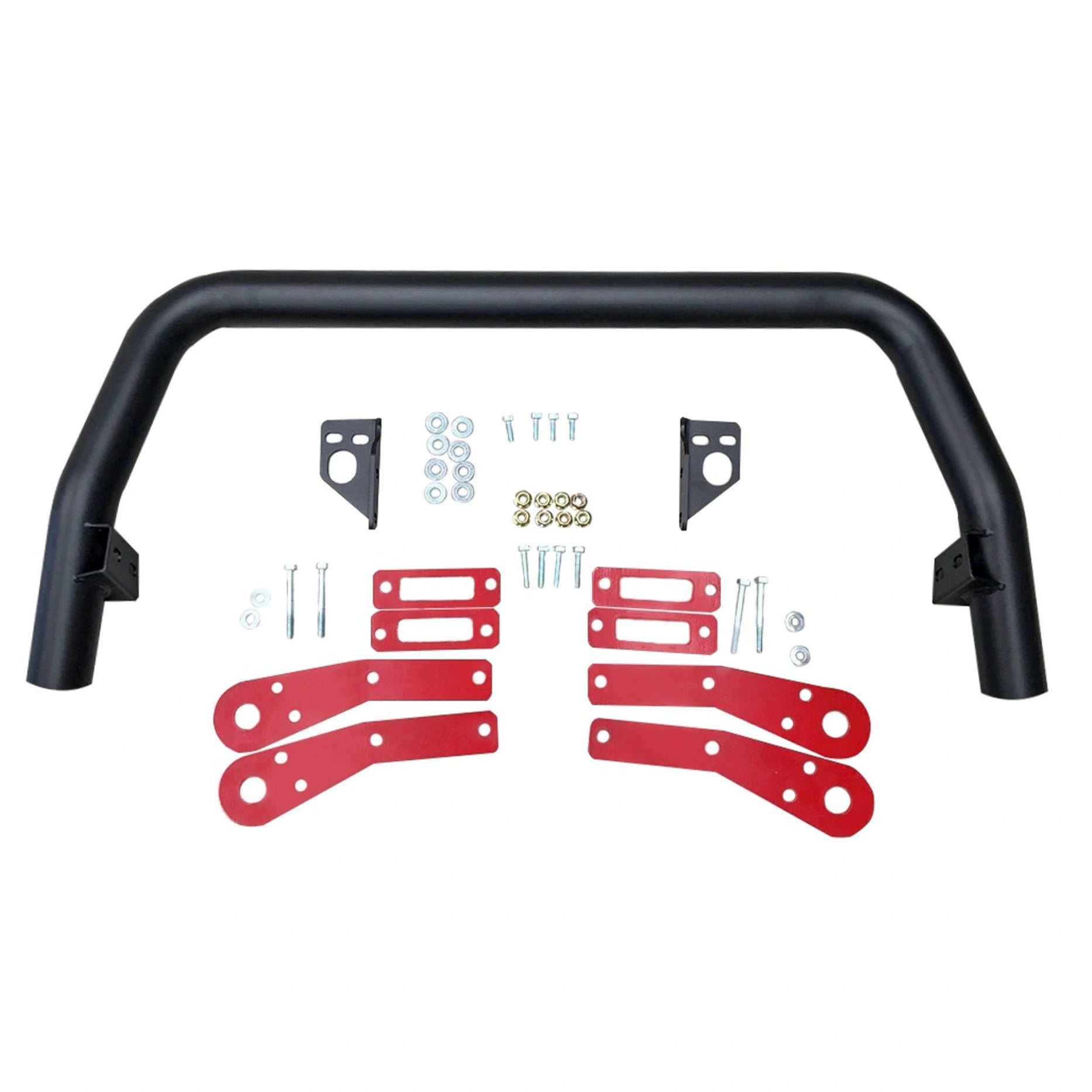 Product layout showing the Offroad Animal Nudge Bar and included components for Jeep Grand Cherokee WK2—featuring mounting brackets, bolts, and tow hooks. Available through Elevated 4x4, it’s the ideal front-end upgrade for reliable off-road protection across the Hunter and Central Coast areas.