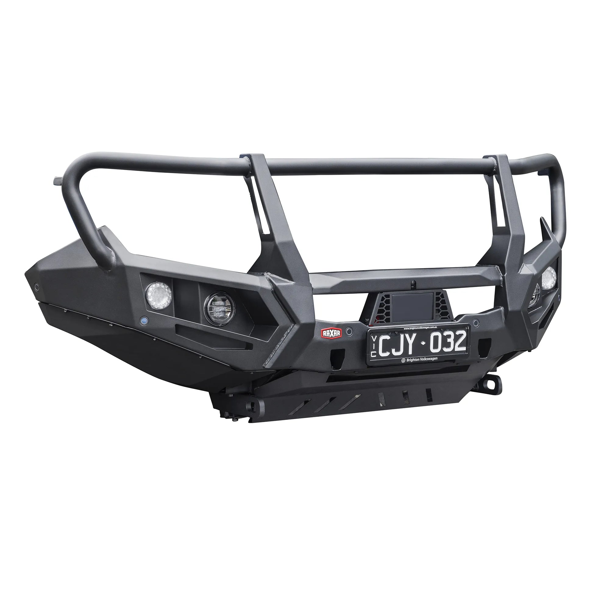 Displayed from the left angle, the VW Amarok looped bull bar product view from Elevated 4x4 showcases a sleek, functional design with reinforced wing braces, airflow split-pan, and recovery-ready strength. Perfect for Australian off-road touring, this RAXAR bull bar ensures durability and modern 4WD style.