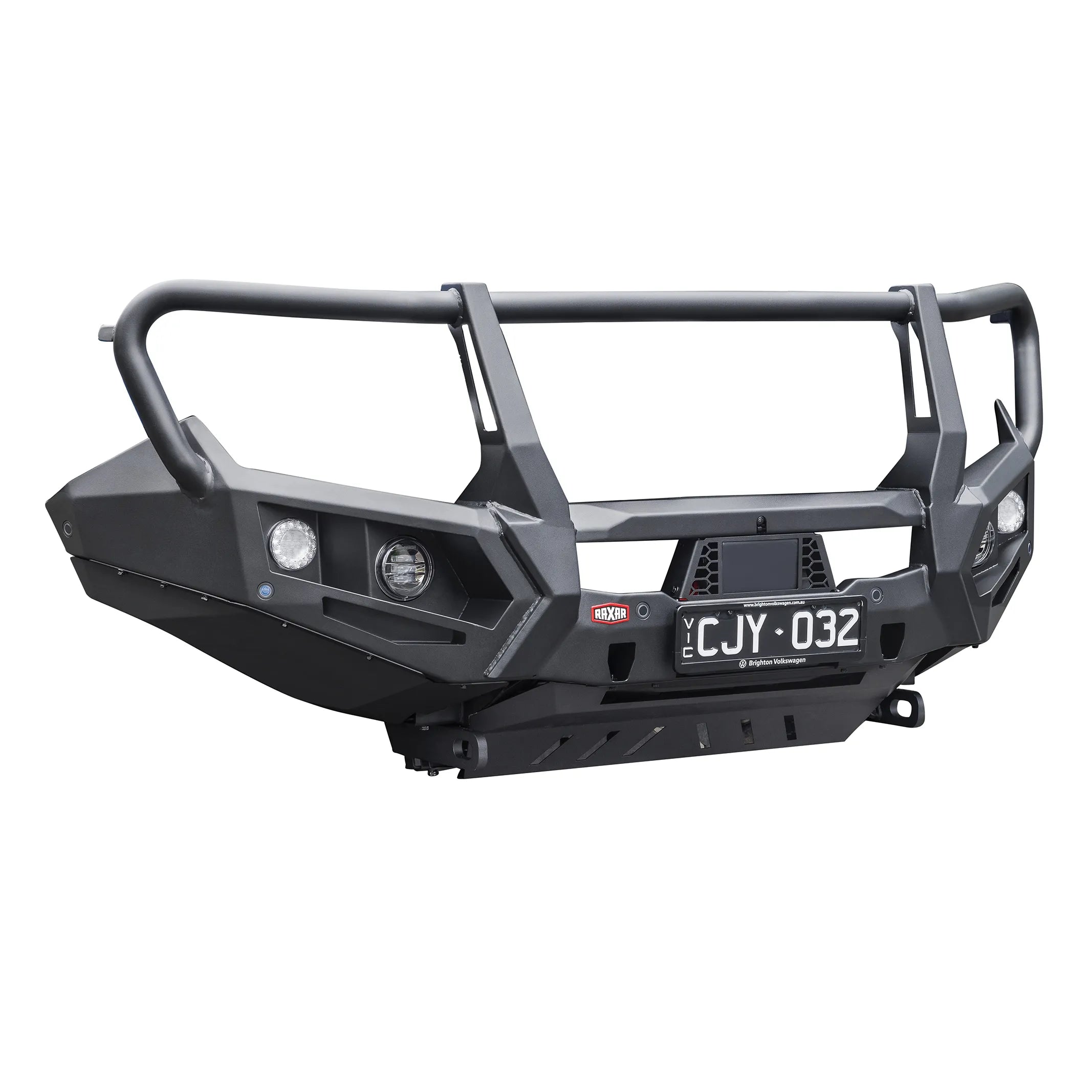 Displayed from the left angle, the VW Amarok looped bull bar product view from Elevated 4x4 showcases a sleek, functional design with reinforced wing braces, airflow split-pan, and recovery-ready strength. Perfect for Australian off-road touring, this RAXAR bull bar ensures durability and modern 4WD style.