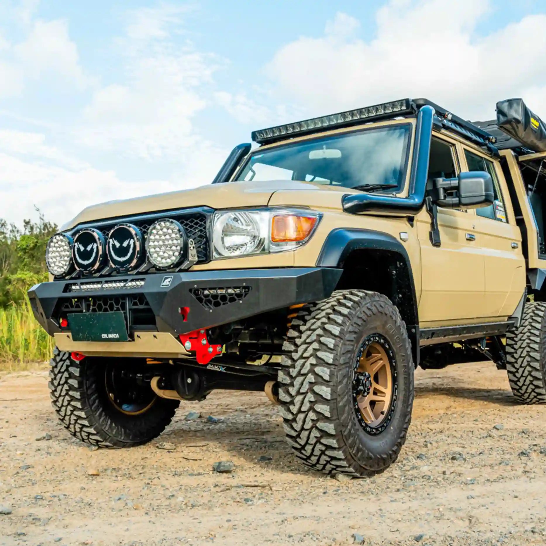 Side view of the Offroad Animal Predator Bull Bar mounted on a Toyota Land Cruiser 78 Series, designed for enhanced airflow and full-frontal protection. Engineered and supplied by Elevated 4x4, this premium steel bar gives your 4WD unmatched confidence across the Central Coast and beyond.