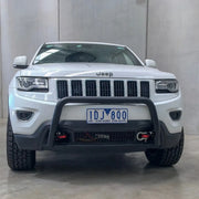 Front view of the Offroad Animal Nudge Bar fitted to a Jeep Grand Cherokee WK2, showing its 2.5-inch steel tubing and clean matte black finish. Installed by Elevated 4x4, this durable bar adds functional front-end protection and aggressive style for Newcastle and Hunter Valley 4WD enthusiasts.