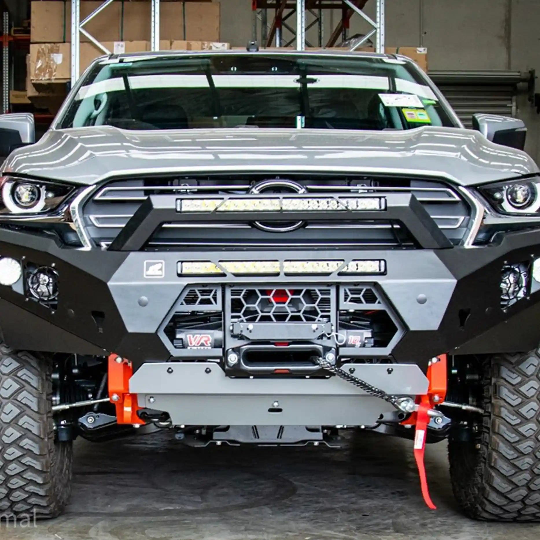 Close-front shot of the Offroad Animal Predator Bull Bar on a Mazda BT-50, featuring LED light-bar compatibility, precision steel construction, and a matte-black finish. Expertly fitted by Elevated 4x4, this bull bar embodies bold design and problem-solving performance for Australian off-road enthusiasts.