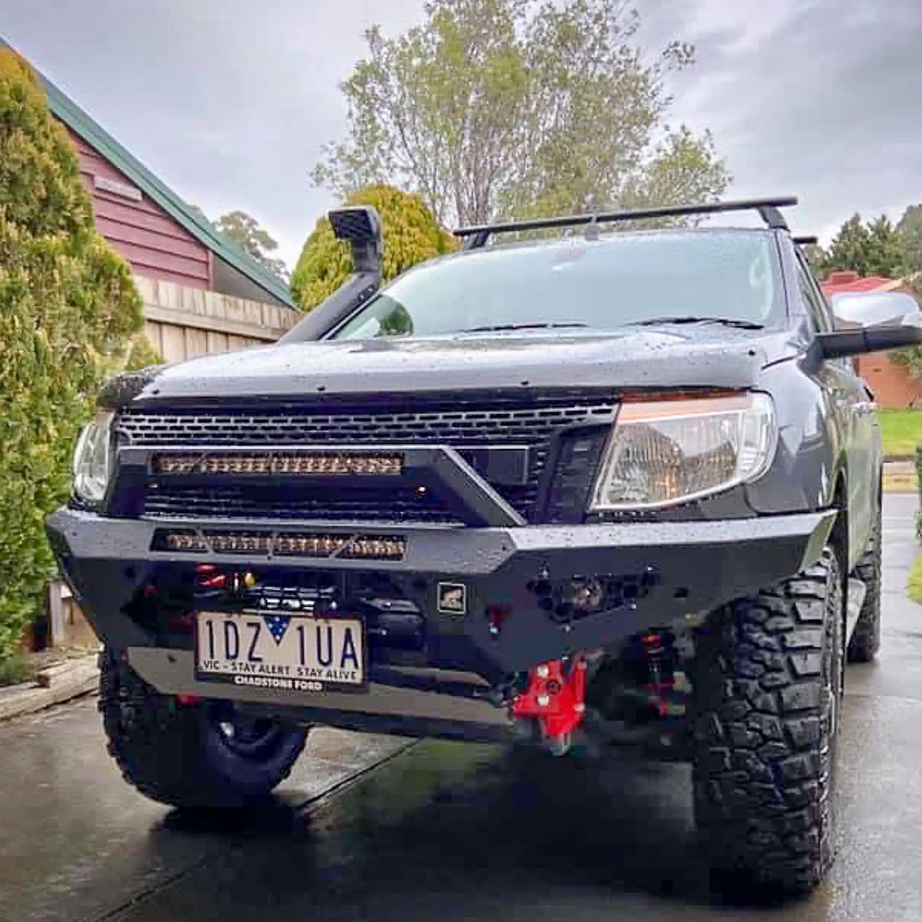 Close-up of the Offroad Animal Predator Bull Bar detailing airflow design, hi-lift jack points, and powder-coated steel finish. Built tough and supplied by Elevated 4x4 Australia, this bull bar gives the Ford Ranger PX1 superior protection, optimized cooling, and an aggressive look suited to any off-road challenge.