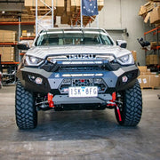 Front installation view of the Offroad Animal Predator Bull Bar on an Isuzu D-MAX 2021, engineered by Elevated 4x4 for superior protection, airflow, and style. Designed for drivers who want strength without compromise, this bull bar enhances the D-MAX’s aggressive stance and provides easy winch and LED integration — the smart Australian solution for off-road performance and front-end protection.