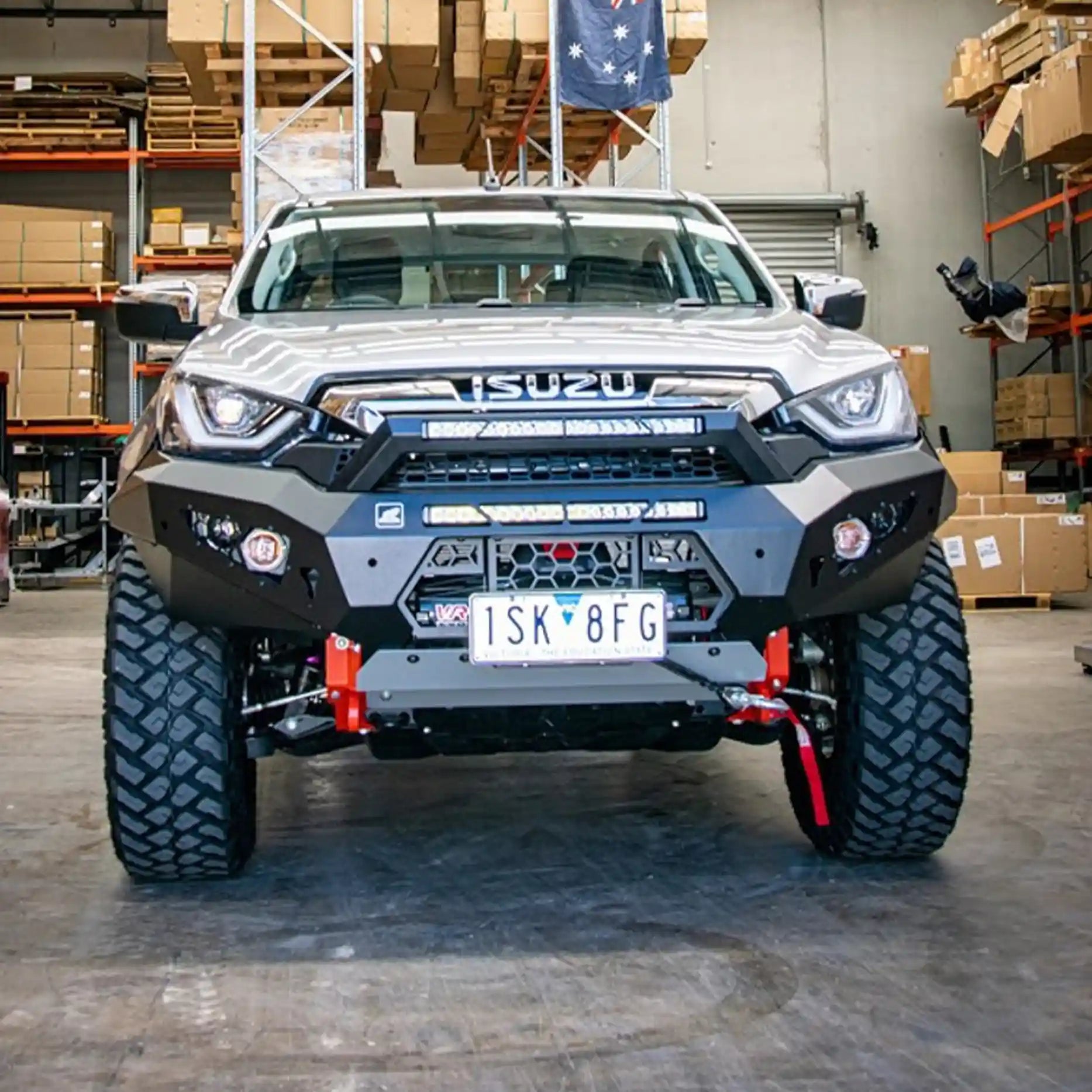 Front installation view of the Offroad Animal Predator Bull Bar on an Isuzu D-MAX 2021, engineered by Elevated 4x4 for superior protection, airflow, and style. Designed for drivers who want strength without compromise, this bull bar enhances the D-MAX’s aggressive stance and provides easy winch and LED integration — the smart Australian solution for off-road performance and front-end protection.