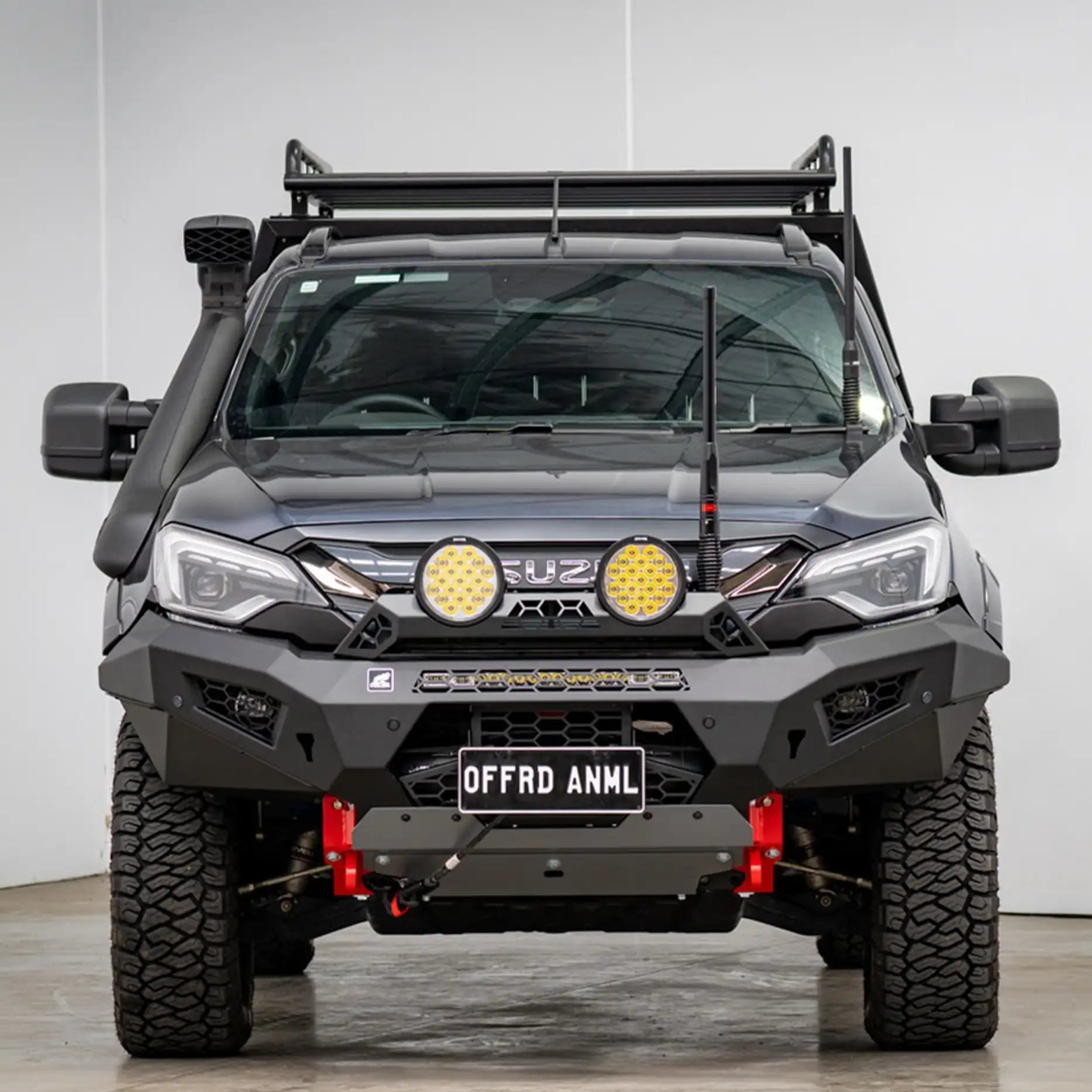 Front view of the Offroad Animal Predator Bull Bar installed on the 2024 Isuzu D-MAX facelift, precision-engineered and finished in matte black by Elevated 4x4. Built for airflow, winch readiness, and aggressive street-meets-off-road styling, this front bar transforms the D-MAX into a confident, adventure-ready machine—proving Elevated 4x4 solves performance and protection challenges for Australian drivers who demand more.