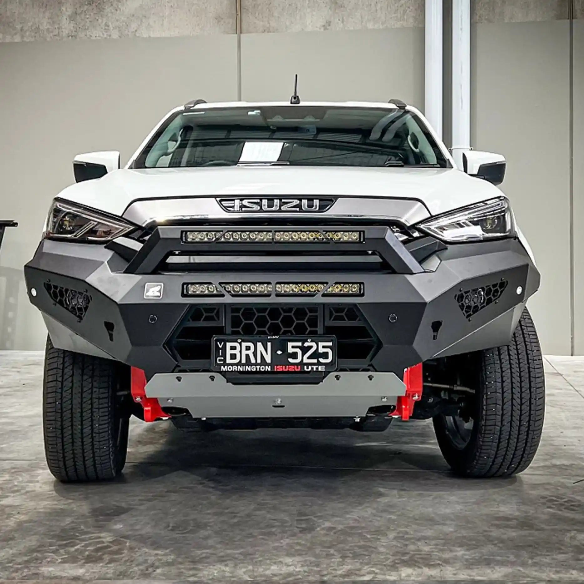 Front view of the Offroad Animal Predator Bull Bar installed on a 2021–2024 Isuzu MU-X by Elevated 4x4. Designed for aggressive style, airflow efficiency, and winch compatibility, this ADR-approved front bar enhances protection and performance. Built tough for Australian roads and engineered by Elevated 4x4 — the ultimate off-road problem solvers.