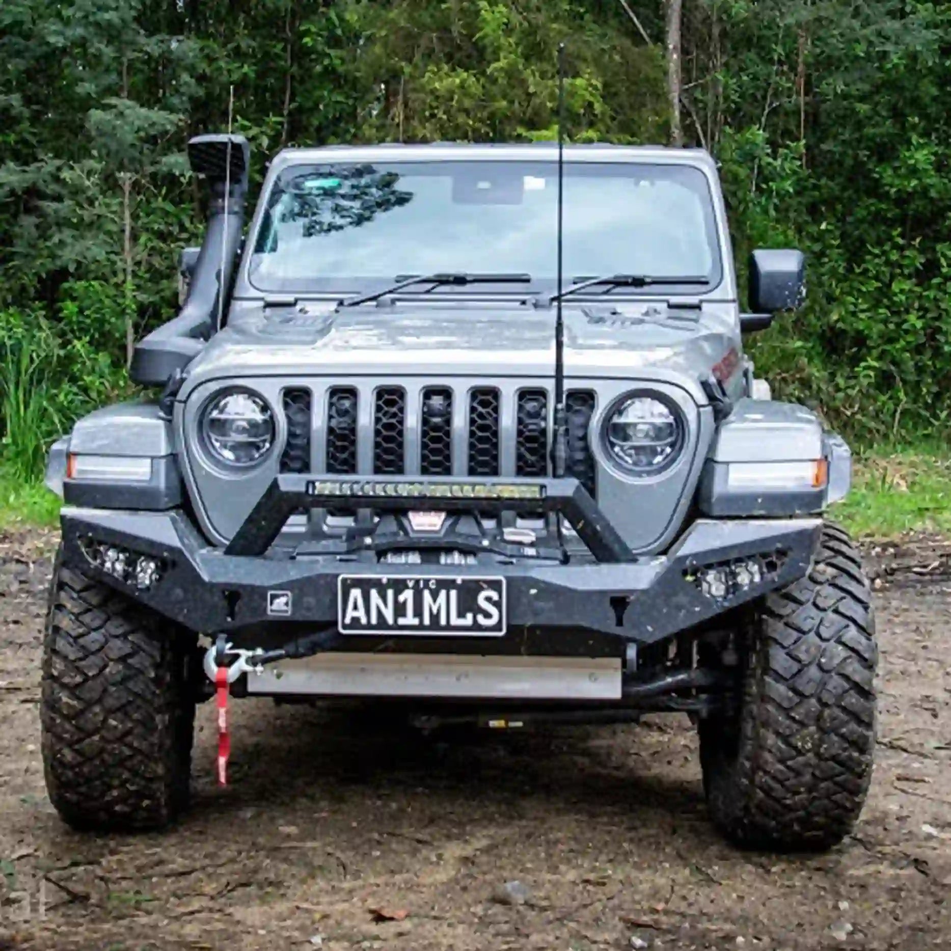 Installed front view of the Offroad Animal Predator Bull Bar with LED light bar compatibility on a Jeep Gladiator JT. Professionally equipped by Elevated 4x4, this bold bar offers a perfect balance of airflow, protection, and street-legal toughness for serious 4WD enthusiasts.