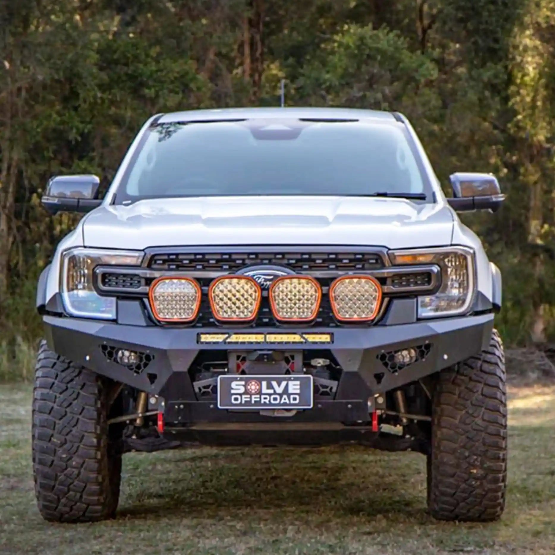 Installed front view of the Offroad Animal Predator Bull Bar on the Ford Ranger Next Gen RA, featuring its bold matte black finish and aggressive off-road styling. This premium 4WD accessory from Elevated 4x4 delivers ADR compliance, winch compatibility, and enhanced airflow for Australian conditions. Designed for strength and visual impact, it’s the ultimate upgrade for serious off-road adventurers.