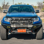 Installed front view of the Offroad Animal Predator Bull Bar on a Ford Ranger Raptor, showcasing its aggressive matte black finish and precise bumper replacement design. Available from Elevated 4x4 Australia, this ADR-compliant bull bar adds rugged off-road strength, improved airflow, and standout street presence to your 2018–2022 Raptor.