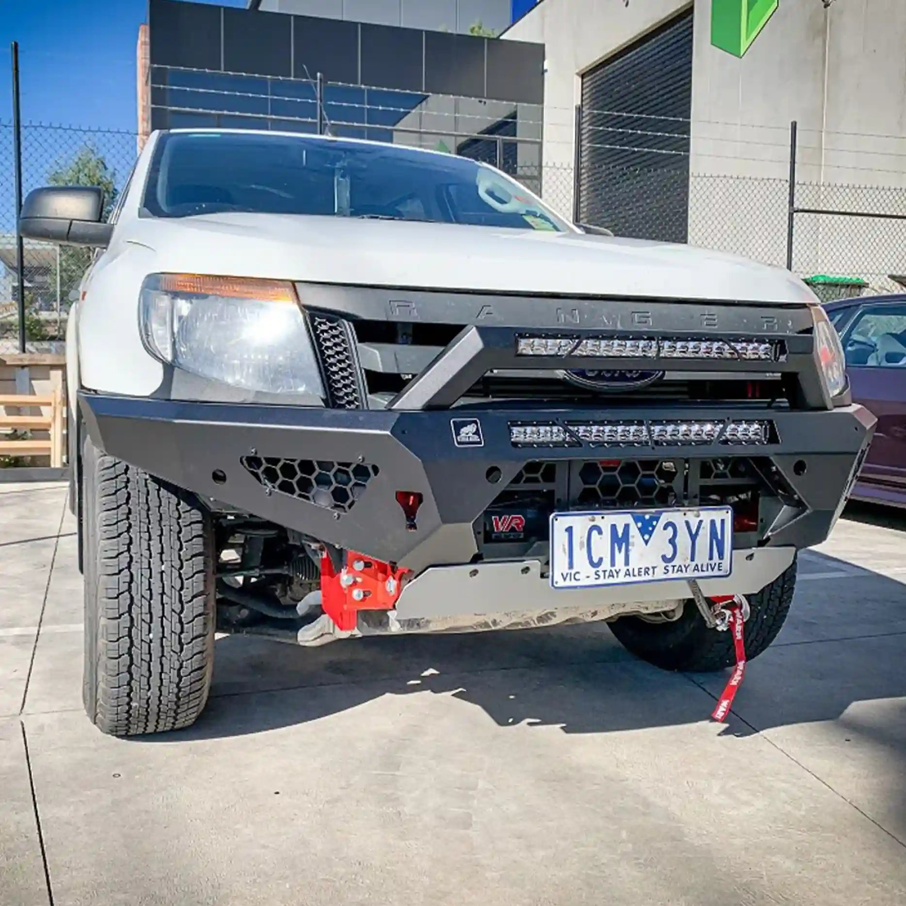 Product-only display of the Offroad Animal Predator Bull Bar in matte black finish, highlighting precision welds, airflow vents, and integrated mounting points. This 4WD accessory from Elevated 4x4 combines lightweight strength and sleek styling, ideal for Ford Ranger PX1 owners wanting reliable protection and a modern, aggressive front-end upgrade in Australia.