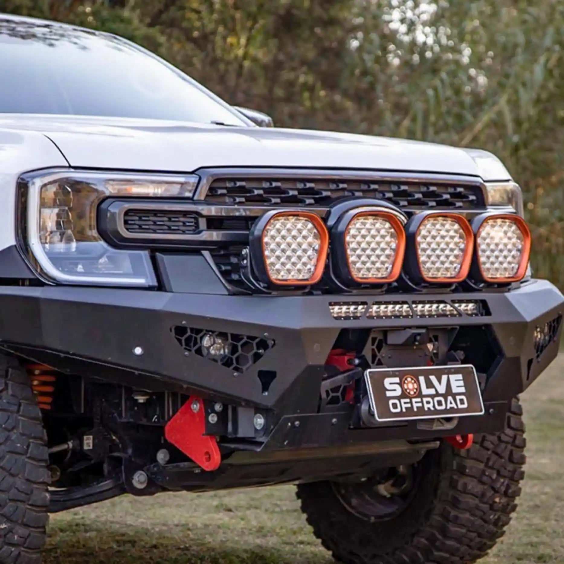 Rear-angled installed view of the Offroad Animal Predator Bull Bar fitted to the Ford Ranger Next Gen RA, highlighting its compact depth and factory-quality finish. Elevated 4x4’s attention to detail ensures a secure fit and optimal protection for off-road touring across Australia, making this bar a top choice for drivers who demand both performance and appearance.